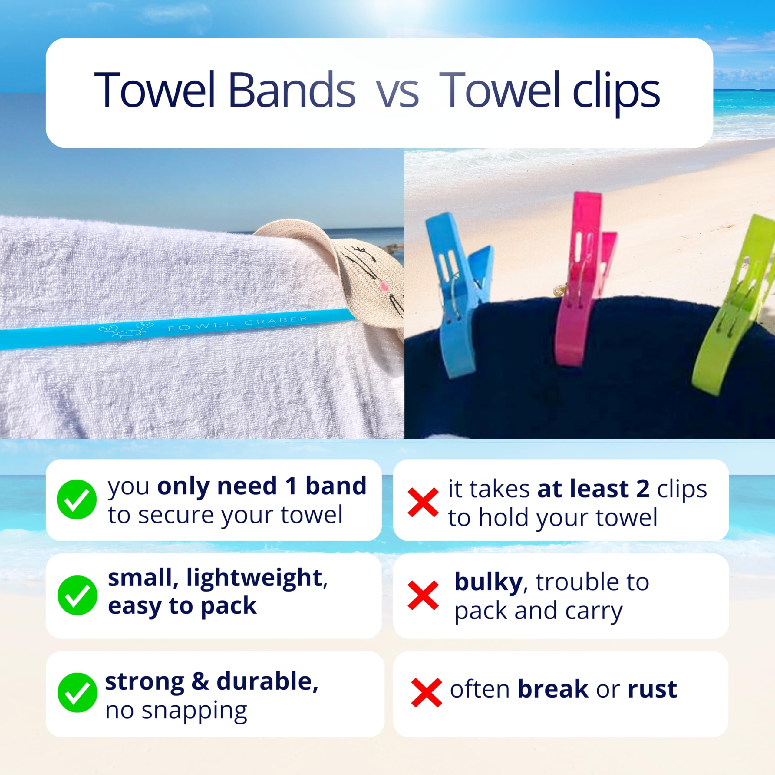 Towel Bands (6-Pack), Beach Pool & Cruise Chairs, Extra Durable, No Snapping, Cruise Ship & Beach Essentials, Great Alternative to Beach Towel Clips (3 Regular + 3 Glow in The Dark