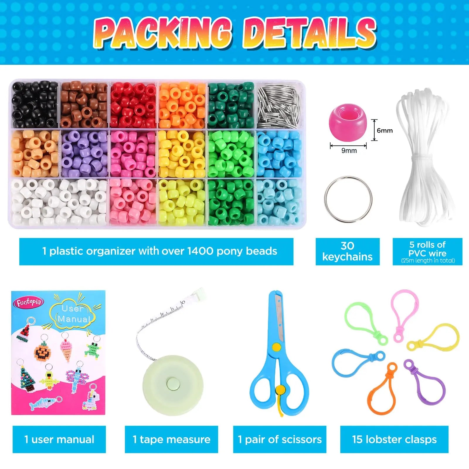 Funtopia Beads for Crafts, Pony Beads Keychain Making Kit, Bead Pets Art Crafts for Kids Beginners, Birthday Party DIY Craft for Girls Boys (1500 Beads, 30 Designs)
