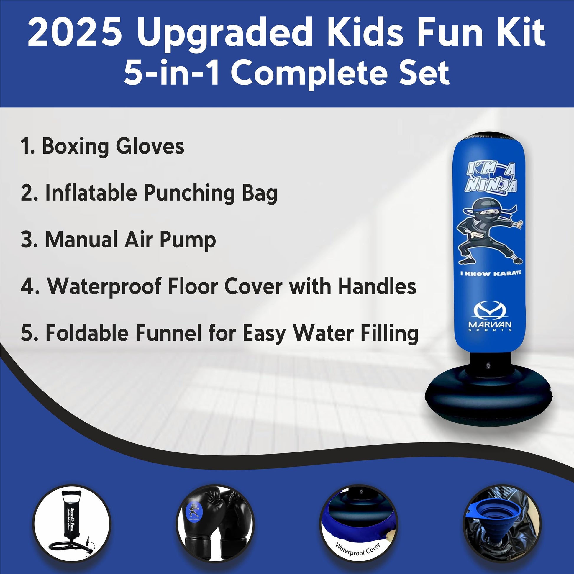 Marwan Sports Inflatable Punching Bag for Kids – 5-in-1 Birthday Set with Gloves, Pump & Fast Rebound – Fun Active Toy for Boys Ages 4-12