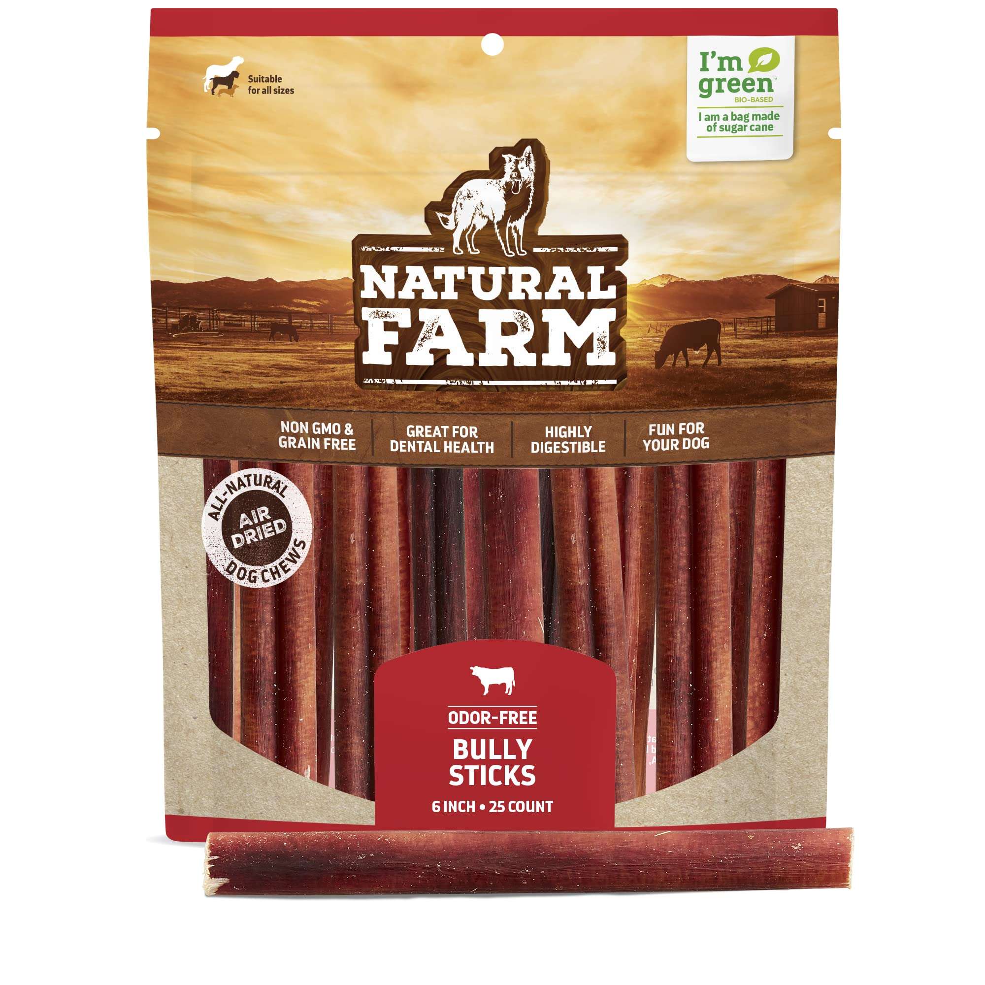 Natural Farm Odor-Free Bully Sticks (6 Inch, 20 Pack), 100% Beef Chews for Pups, Small and Medium Dogs, Non-GMO, Grain-Free, Fully Digestible, Natural Treats to Keep Your Dog Busy