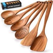 Zulay Kitchen 6-Piece Wooden Cooking Spoons Set – Heat-Resistant, Smooth Teak Utensils with Comfort Grip – Lightweight & Durable – Easy to Clean, Perfect for Non-Stick Cookware
