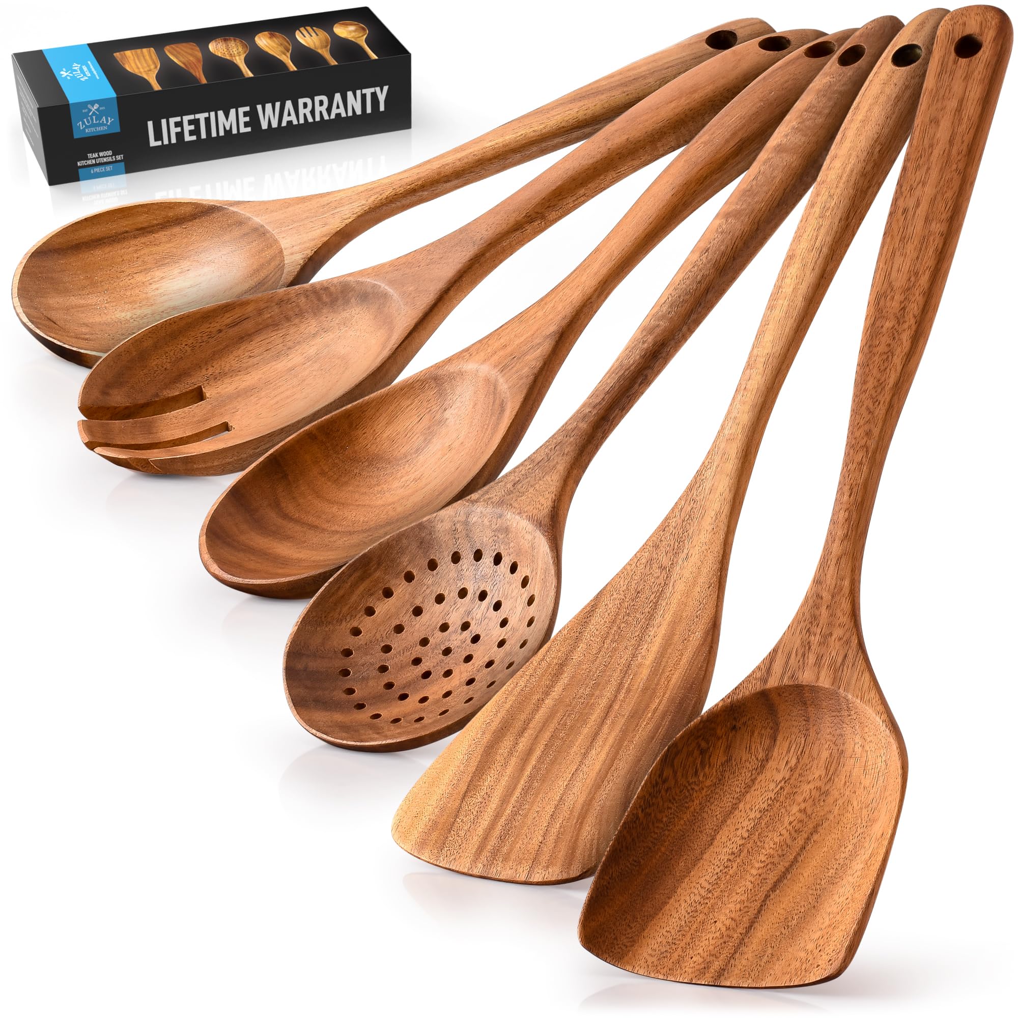 Zulay Kitchen 6-Piece Wooden Cooking Spoons Set – Heat-Resistant, Smooth Teak Utensils with Comfort Grip – Lightweight & Durable – Easy to Clean, Perfect for Non-Stick Cookware