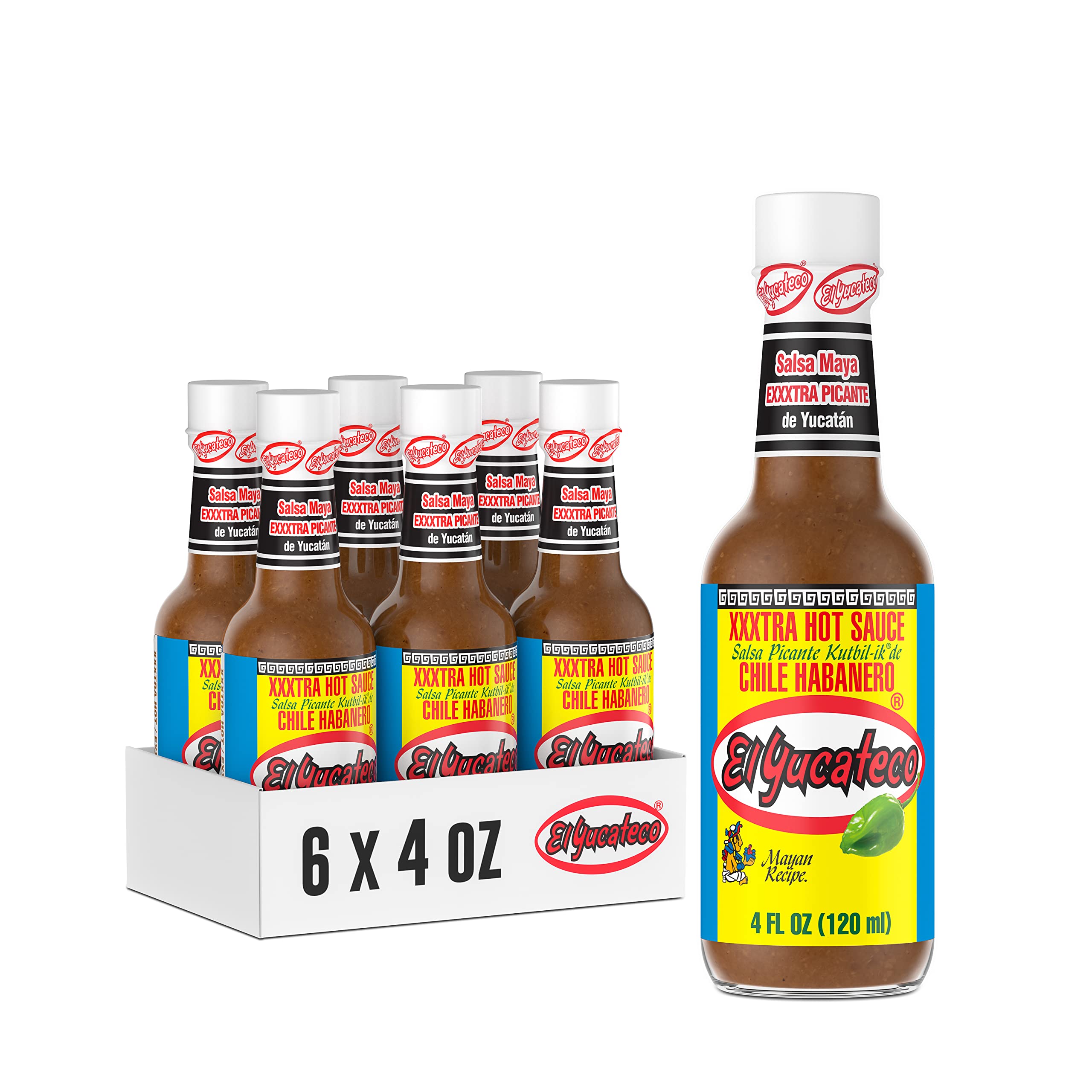 El Yucateco XXXtra Hot Habanero Sauce, 4 oz., 6er-Pack, durchschnittlich 11.250 Scoville-Einheiten, glutenfrei, zuckerfrei