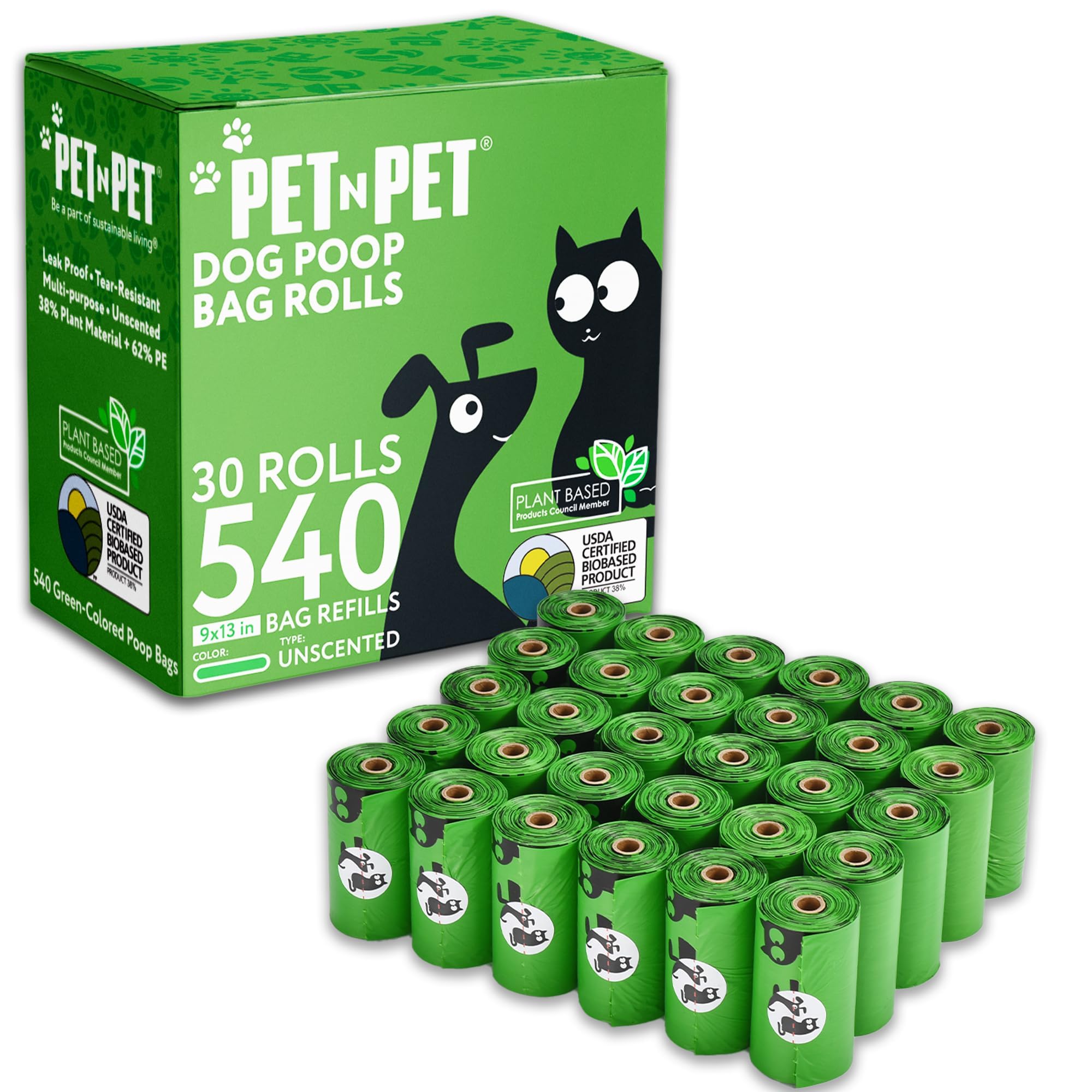 Pet N Pet Poop Bags For Dogs 540 Counts, 38% Plant Based & 62% PE Dog Poop Bags Rolls, Unscented Dog Bags, Green Doggie Poop Bags, Dog Waste Bags, Cat Litter Bags, Cat Poop Bags, Pet Supplies for Dogs