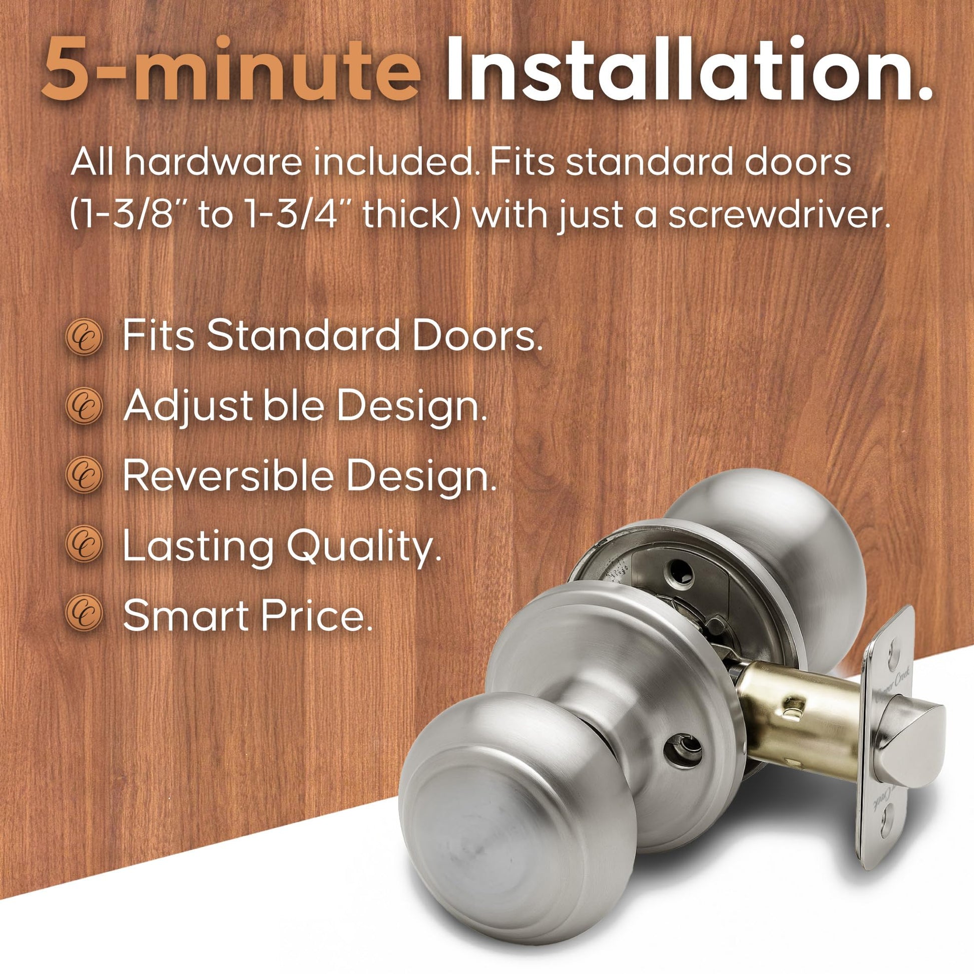 Copper Creek Colonial Passage Interior Door Knob – ANSI Grade-3 Certified, Modern Heavy Duty Handle, Easy Install and Reversible for Bedroom, Bathroom and Closets – Satin Stainless (1 Pack)