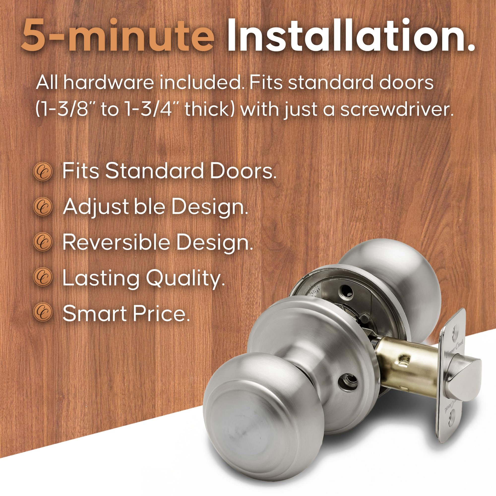 Copper Creek Colonial Passage Interior Door Knob – ANSI Grade-3 Certified, Modern Heavy Duty Handle, Easy Install and Reversible for Bedroom, Bathroom and Closets – Satin Stainless (1 Pack)