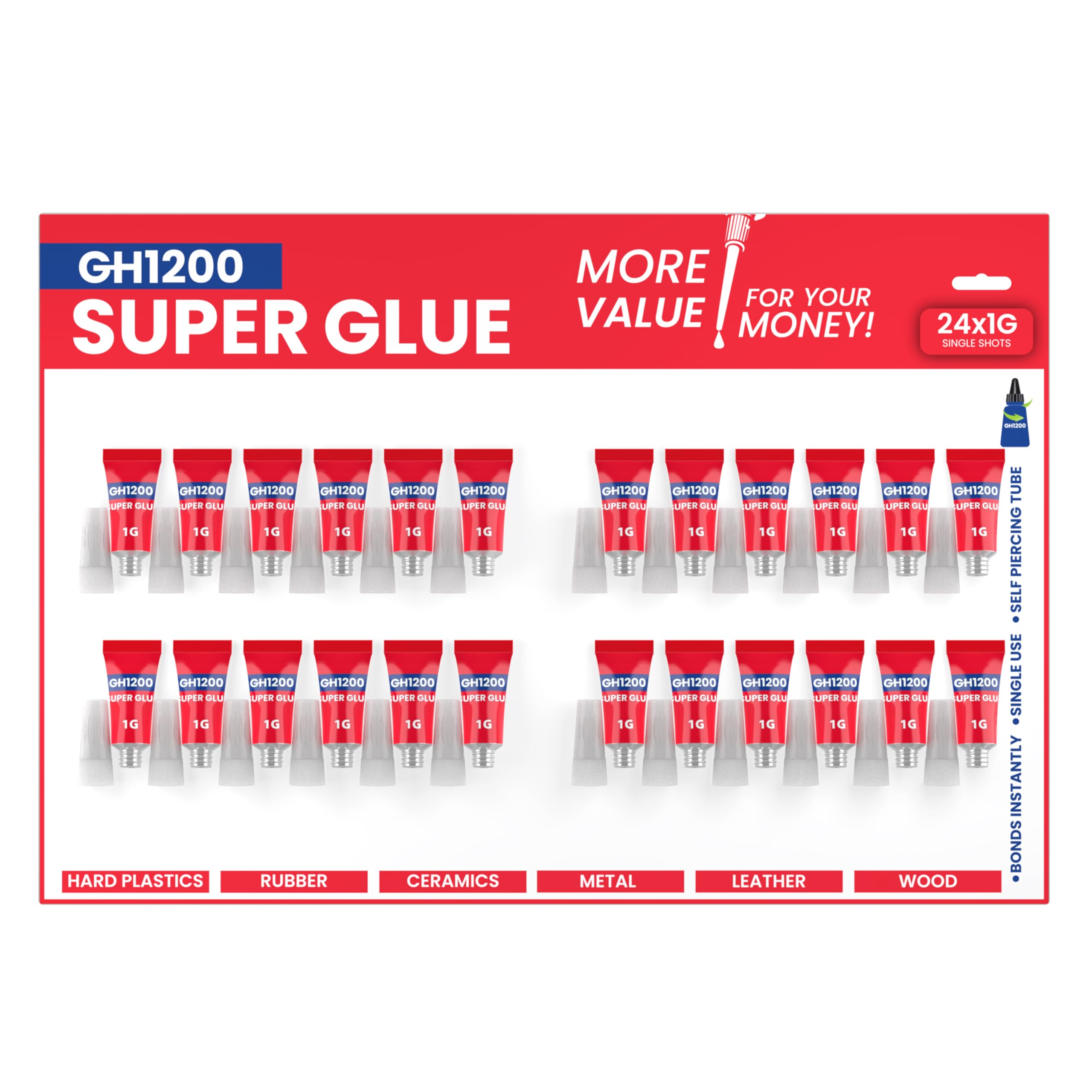1 Gram (Pack of 24) Single use Super Glue All Purpose, Super Fast, Thick & Strong Adhesive Superglue, Cyanoacrylate Glue for Hard Plastics, DIY Craft, Ceramics, Frame, Leather, Metal Etc