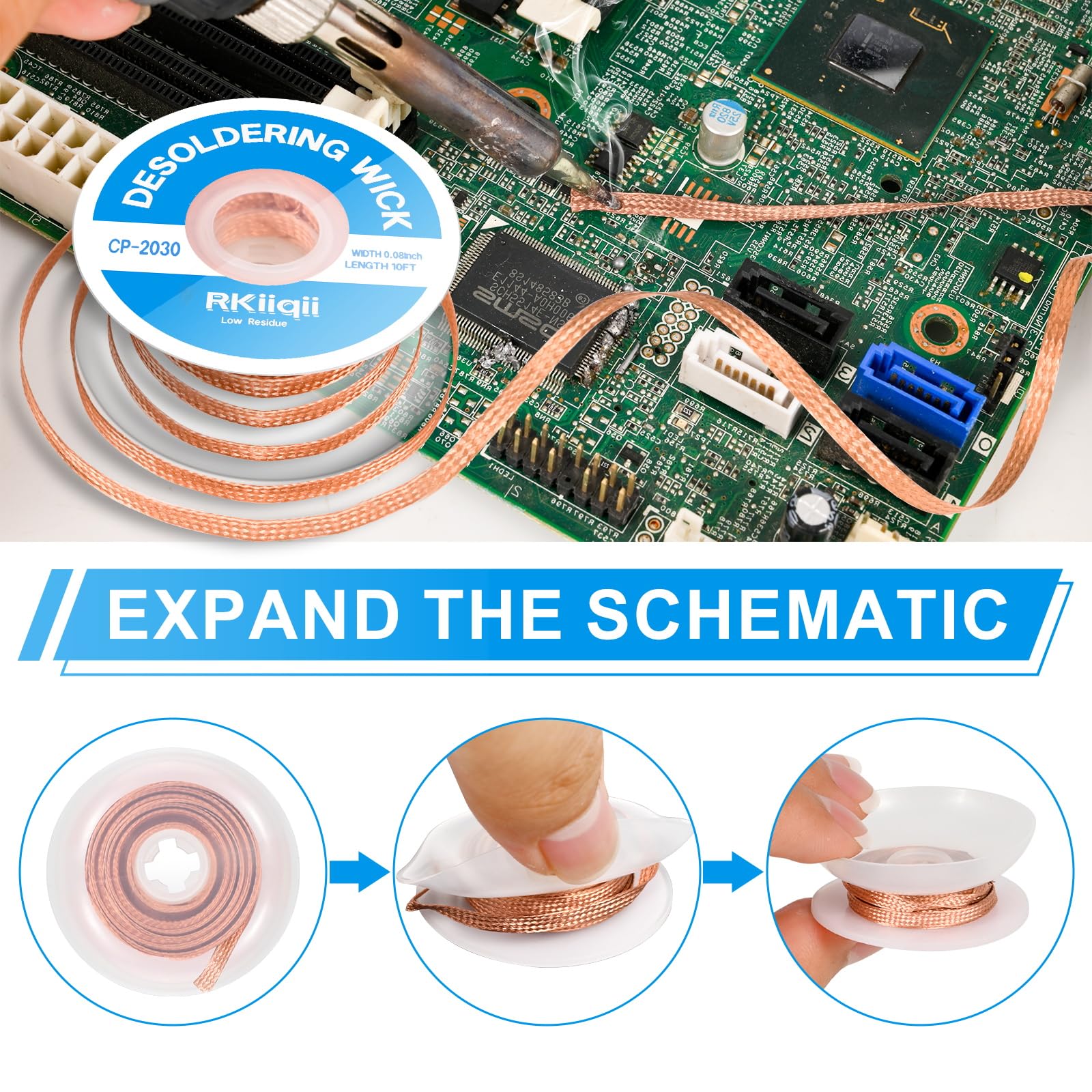 Rkiiqii 3pcs Solder Wick Braid with Flux, Upgrade Desoldering Wick (0.08/0.1/0.12in, 10ft Each) No Clean Low Residue Soldering Wick, Coated Braid for Electronics Component Repair, PCB Circuit Board