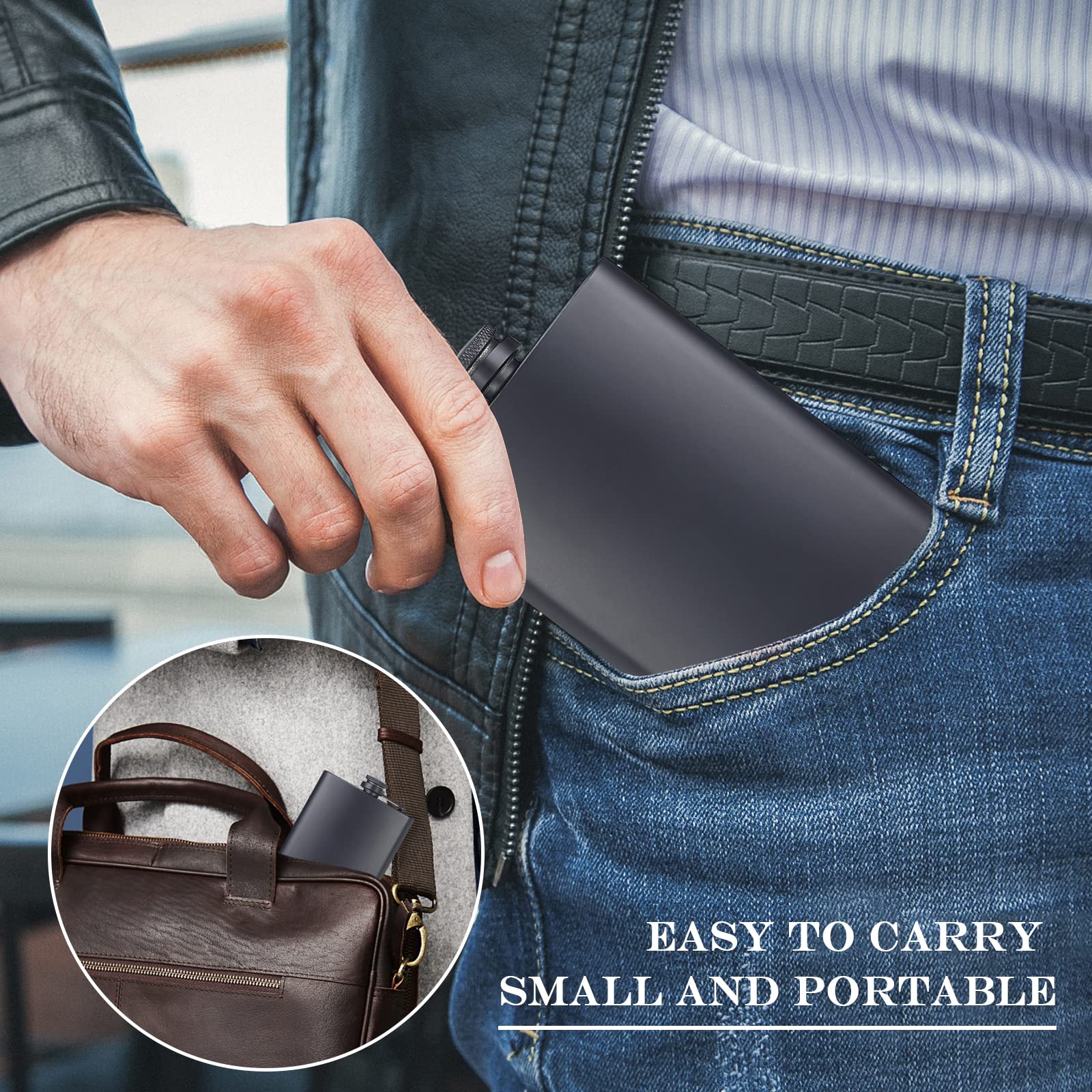 ROMORC 2 Pack Hip Flasks for Liquor Matte Black 8 Oz Stainless Steel Leak-proof Thin Flasks with 2pcs Funnels and Cups for Wedding Party, Groomsman, Bridesmaid, Gift