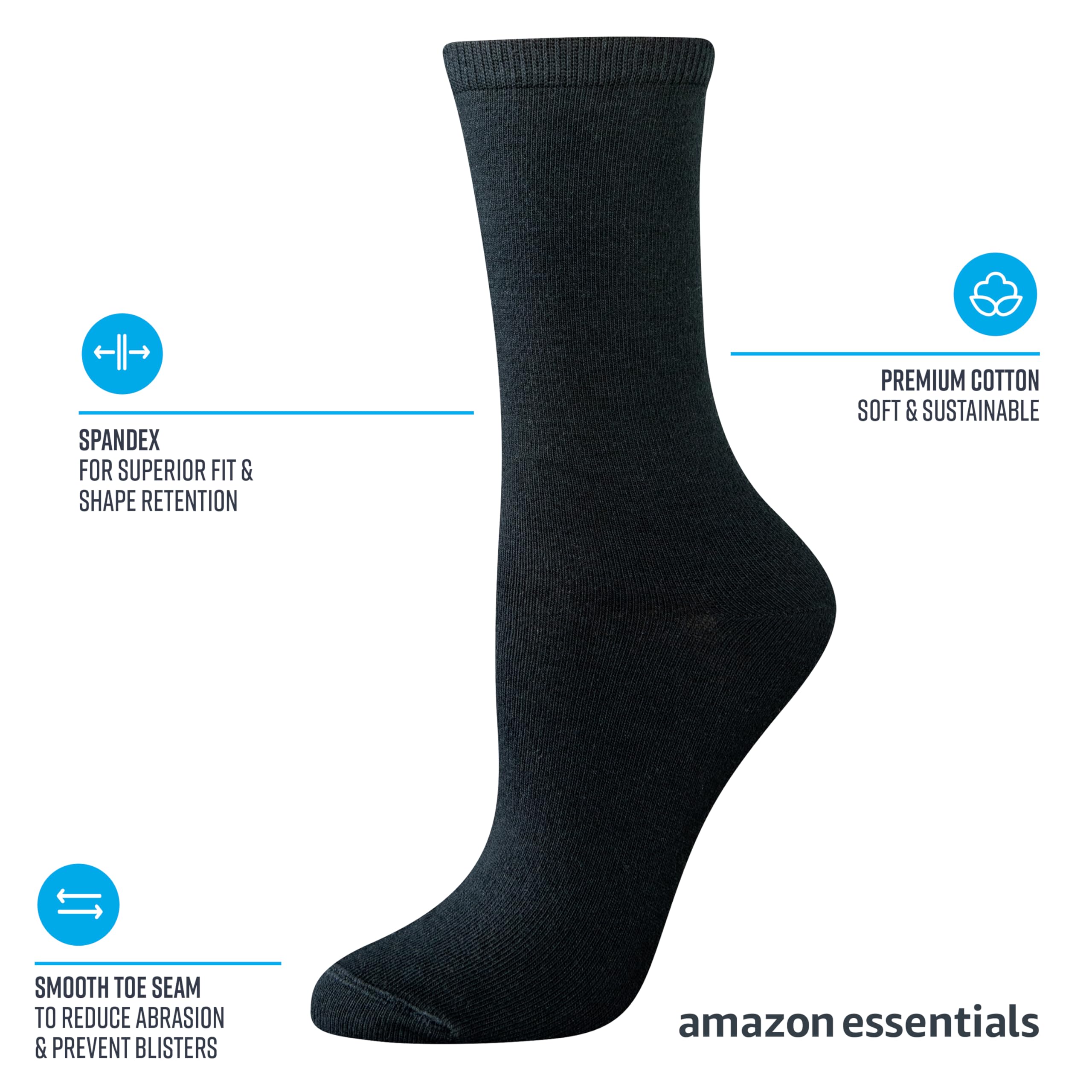 Amazon Essentials Women's Crew Socks, Cotton, 6 Pairs, Black, 6-9