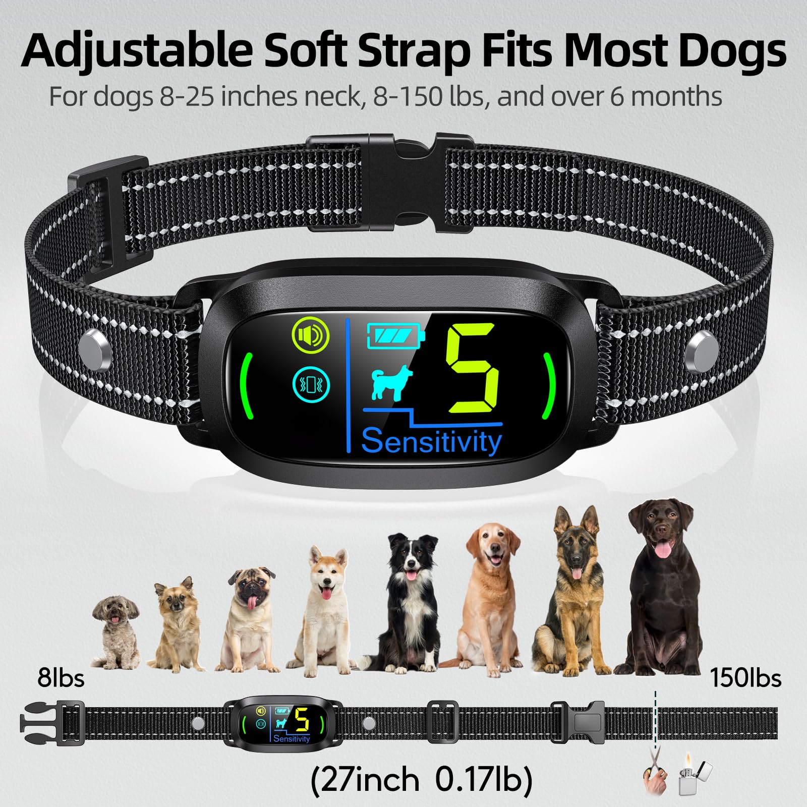 FAFAFROG Dog Bark Collar for Large Medium Small Dogs, Rechargeable Smart Bark Collar, Anti Barking Training Collar with 5 Adjustable Sensitivity Beep Vibration (Black)