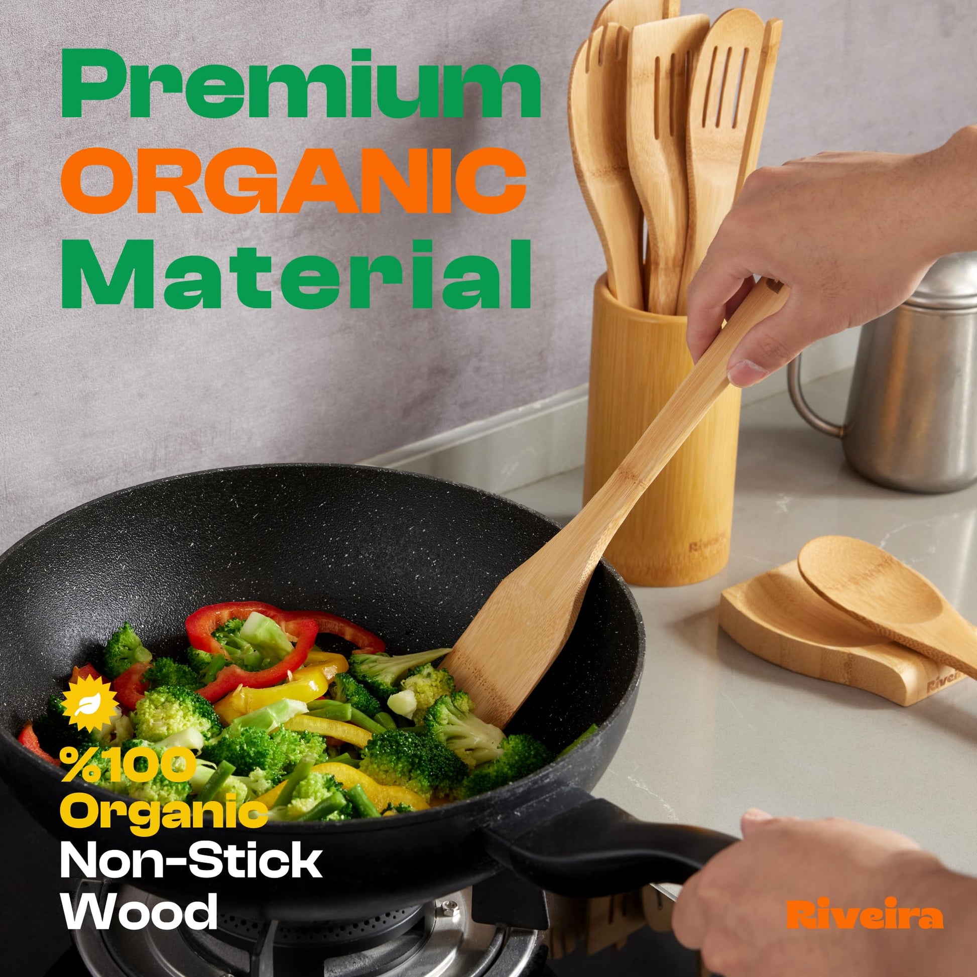 Riveira Bamboo Cooking Spoons 6-Piece – Wooden Cooking Utensils Set with Wooden Spoons for Cooking & Spatulas Wooden Utensil Sets – Premium Kitchen Utensils Set – Durable First Apartment Essentials