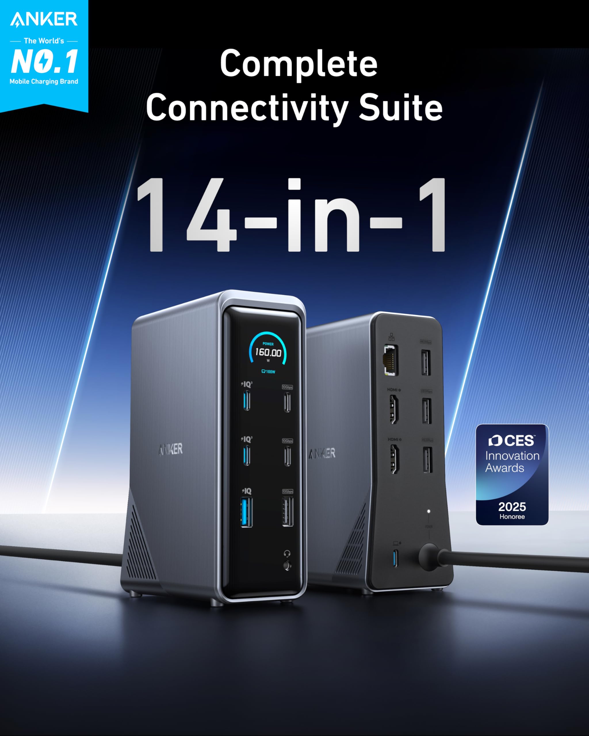 Anker Prime Docking Station, 14-Port with 160W Max Output, 10Gbps Fast Data Transfer, Real-Time Smart Interface, Audio and Ethernet Ports, Dual 4K Displays for Dell, HP, Lenovo and More