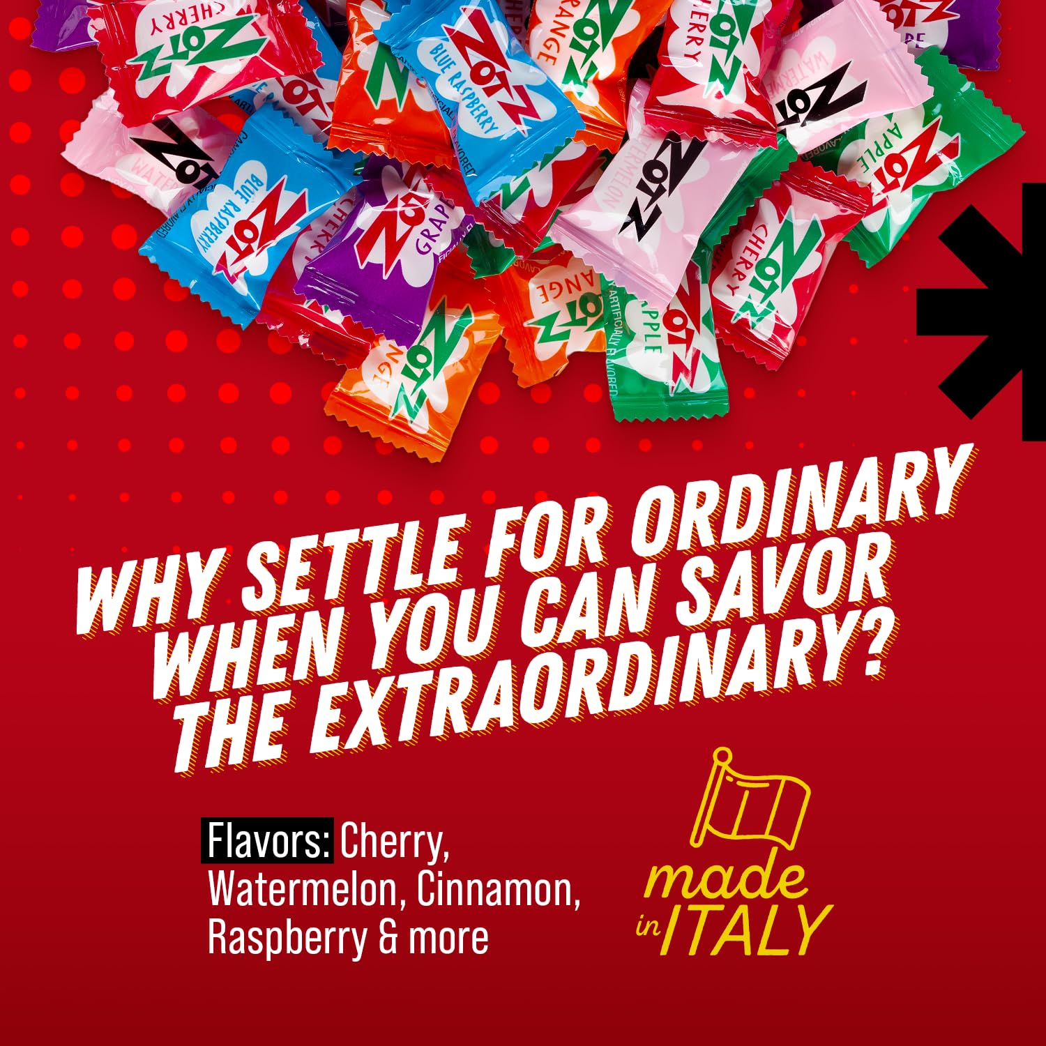 Zotz Fizzy Bulk Candy (Assorted, 100 Units)- Hard Candy Individually Wrapped- Assorted 7 Fruit Flavors, Cherry, Watermelon, Strawberry, Blue Raspberry, Apple, Orange & Grape- From Italy Since 1970