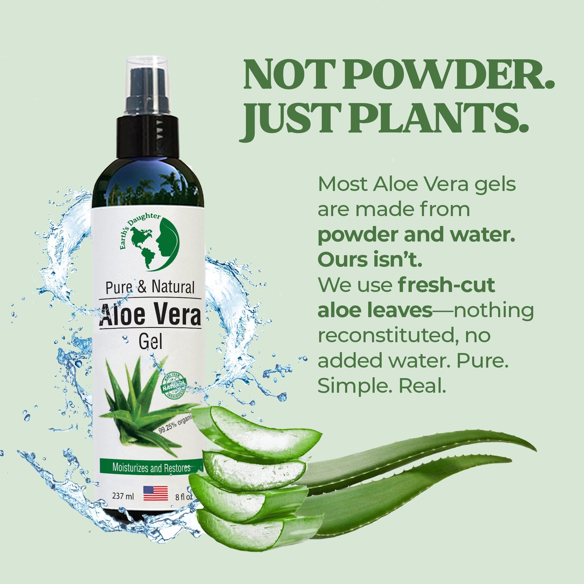 Earth's Daughter Organic Aloe Vera Gel from 100% Pure and Natural Cold Pressed Aloe - Great for Face - Hair - Acne - Sunburn - Bug Bites - Rashes - Eczema - 8 Oz.