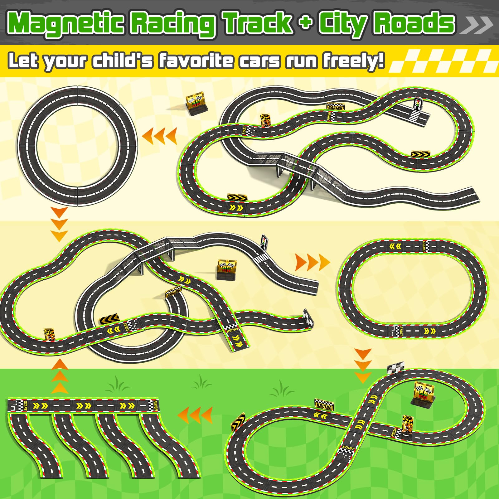 Magnetic Tiles Racing Track & City Road Expansion Pack - Kids Toys STEM Learning Montessori Toys for Toddler Magnetic Blocks Building Toys for 3+ Year Old Boys & Girls, Sensory Play Kids Toys