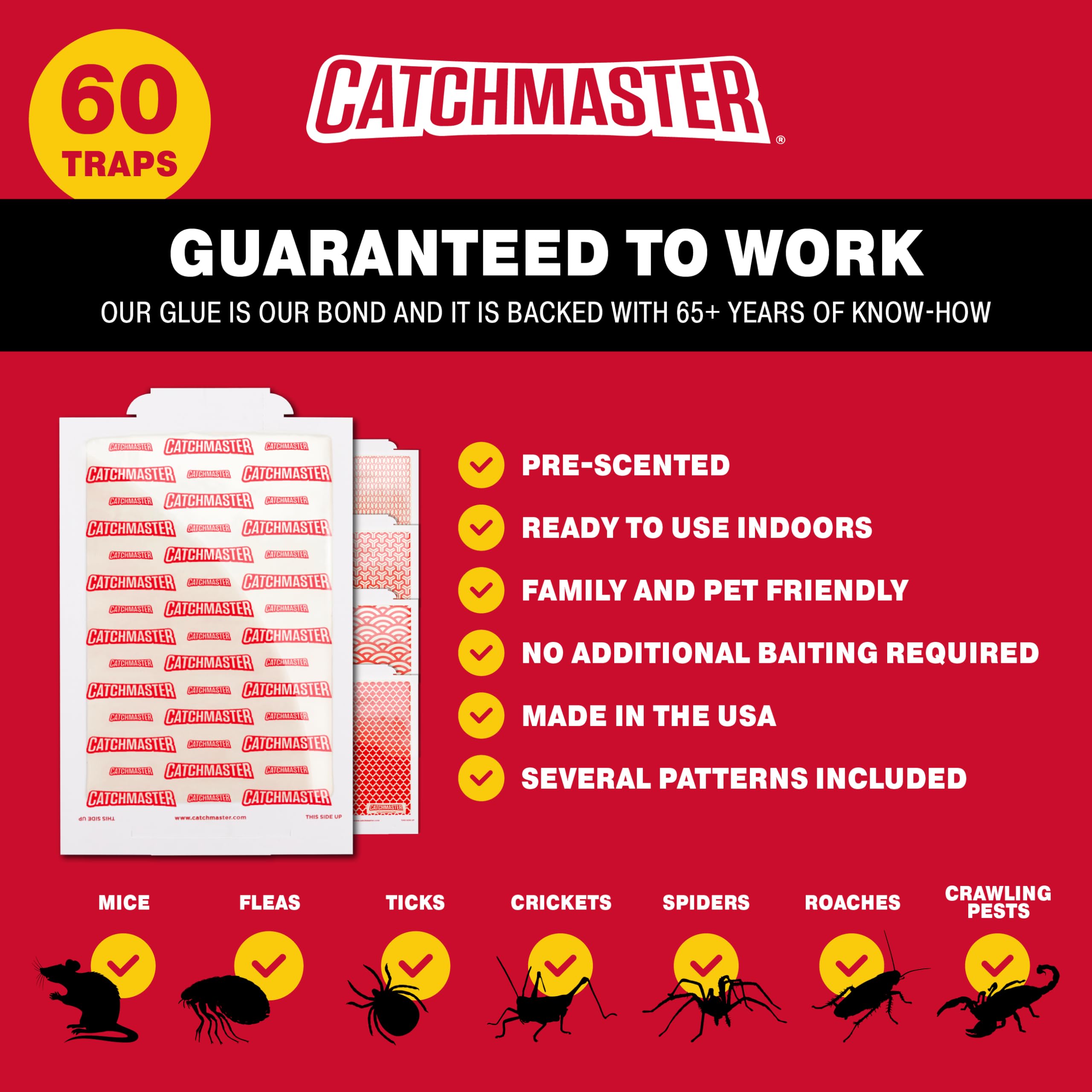 Catchmaster Pro Strength Mouse & Insect Glue Boards 60pk Traps Indoor for Home, Adhesive Bug Catcher, Rat & Rodent Sticky Trap, Non Toxic Bulk Pre-Baited Glue Traps, Pet Safe House Pest Control