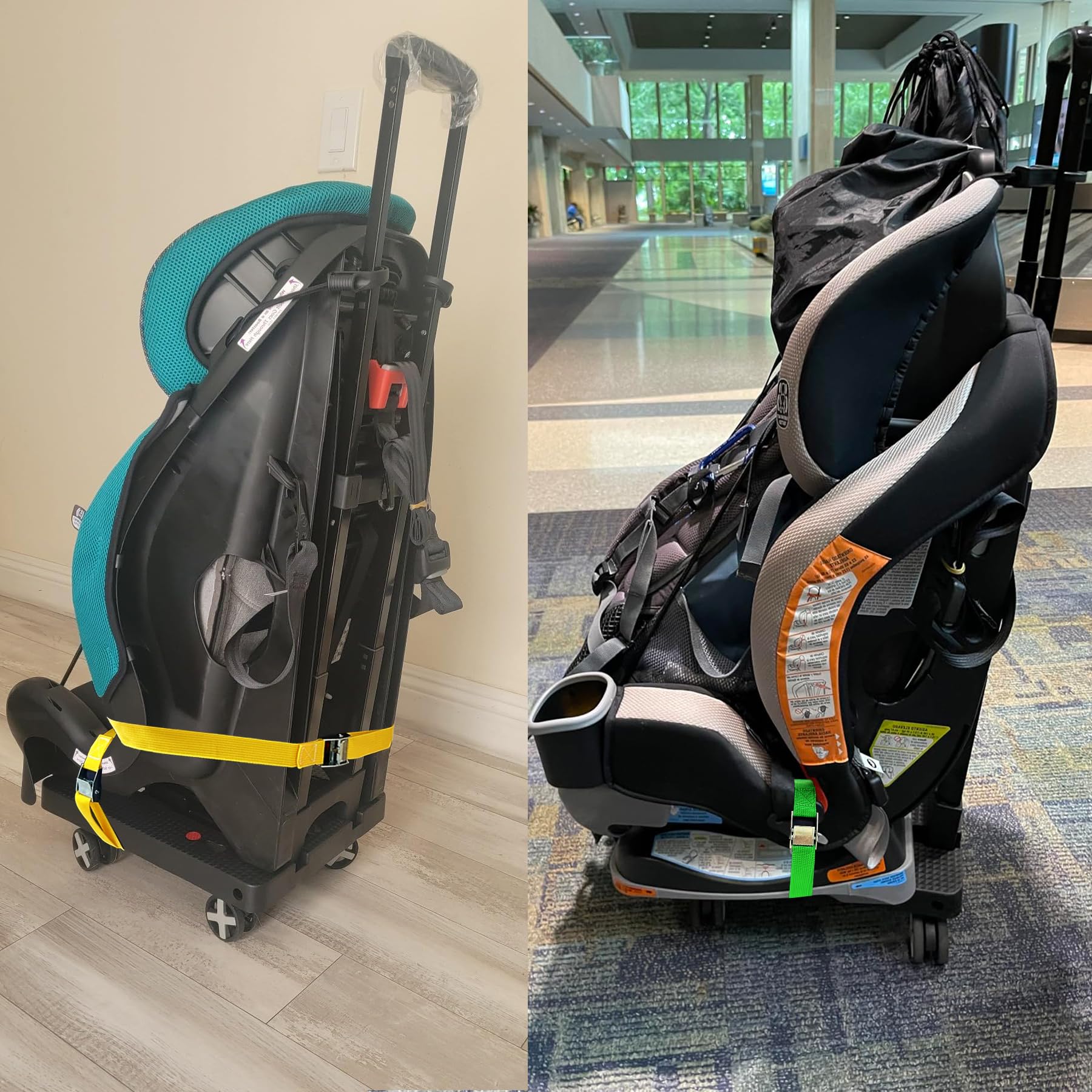 Car Seat Dolly for Airport - CarSeat Roller Cart Wheels for Airplane - Car Seat Travel Cart Carrier with Straps Trolley Foldable Luggage Trolley (Black)
