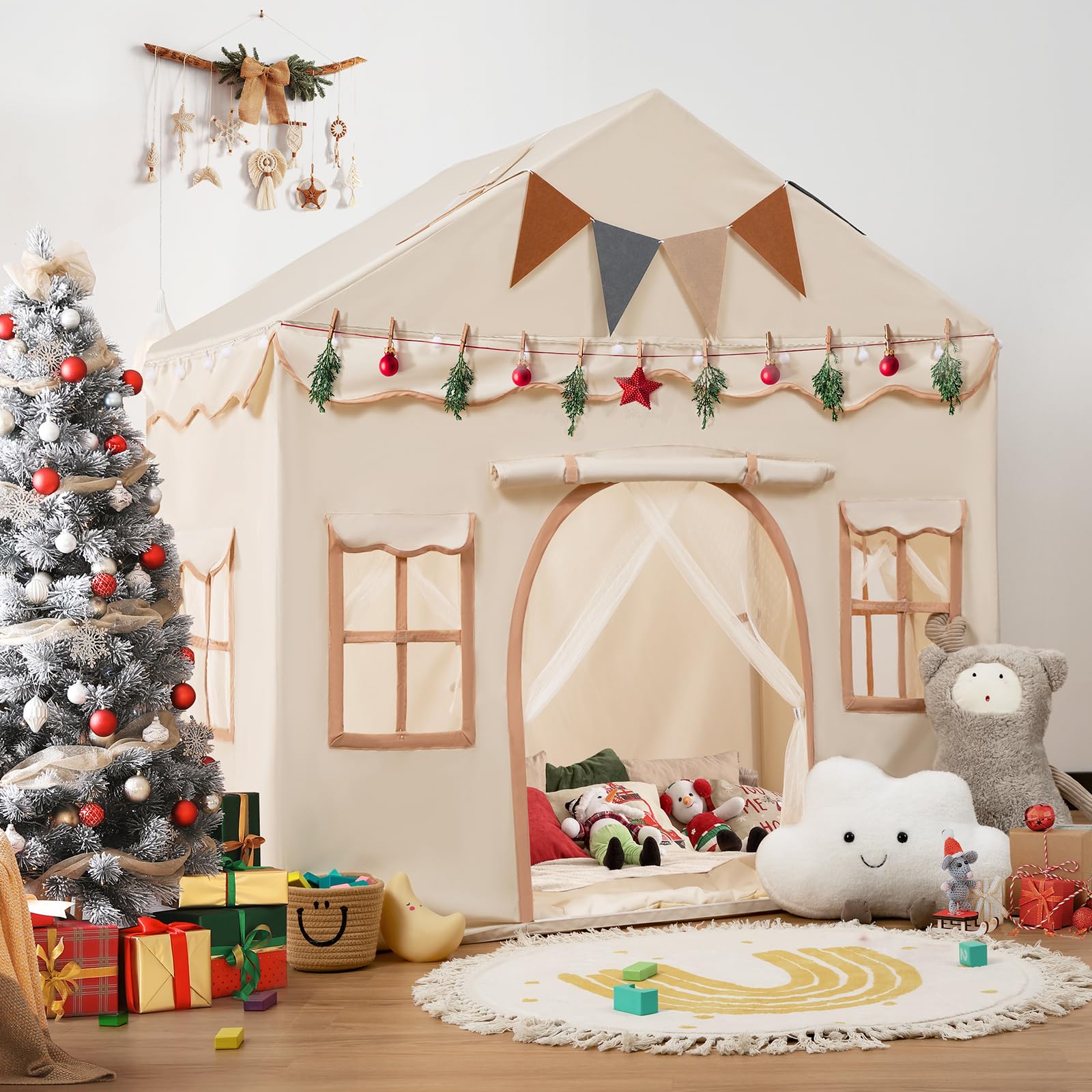 Besrey Kids Play Tent 2 in 1 with Padded Mat and Lights, Large Kids Playhouse with 2 Doors & 4 Windows, Indoor & Outdoor, Christmas Toddler Tent, 51" x35" x 51"