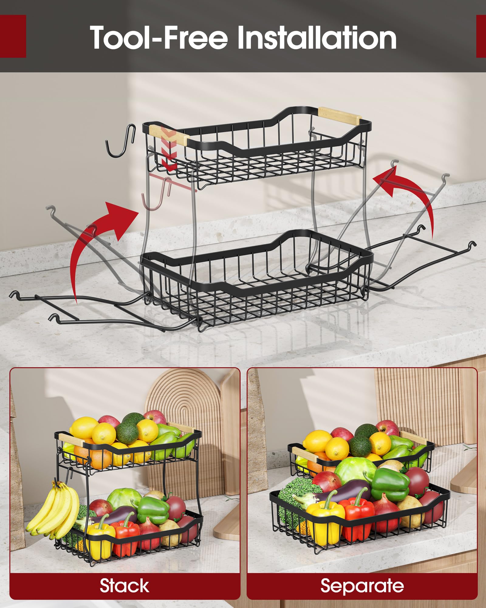 Sakugi Fruit Basket for Kitchen Counter - 2 Tier Detachable Fruit Vegetable Basket with Banana Hanger, Metal Countertop Fruit Stand with Wooden Handle, Black,7.3" D x 11.2" W x 10.3" H