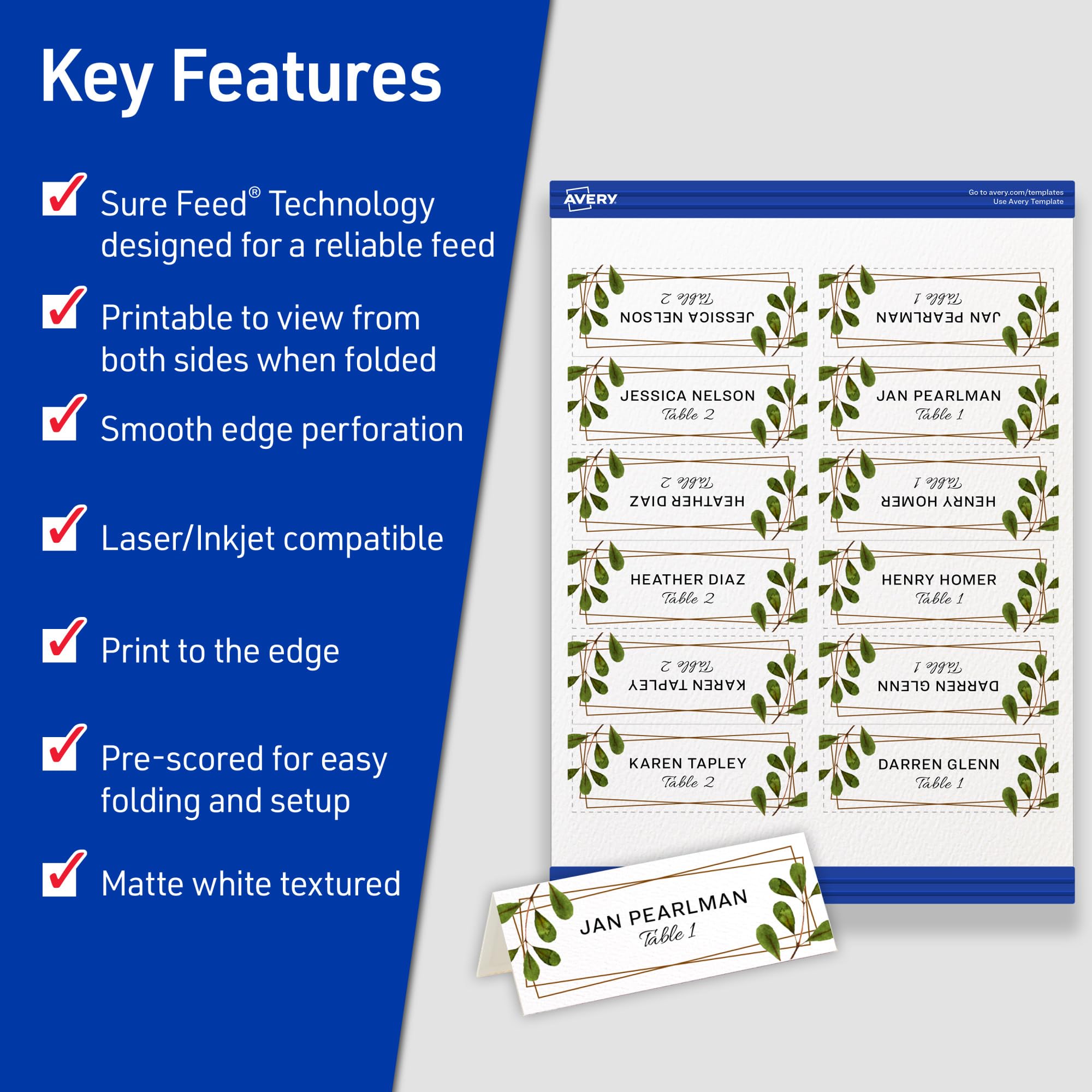 Avery Printable Place Cards with Sure Feed Technology, 1-7/16" x 3-3/4", Matte White, 150 Blank Tent Cards for Laser or Inkjet Printers (5011)