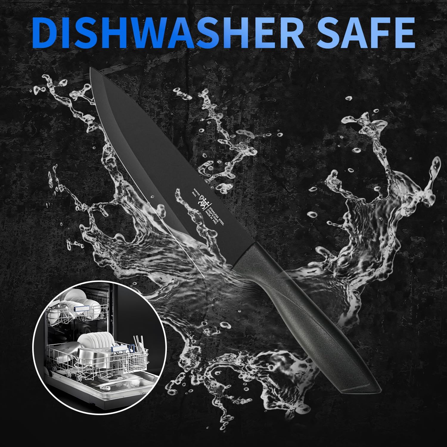 HUNTER.DUAL Knife Set, 8-Piece Kitchen Knife Set for Chef, Sharp Knife Set with Universal Knife Block, Anti-Rust Kitchen Knife Block Set, Ergonomical Design (Black)