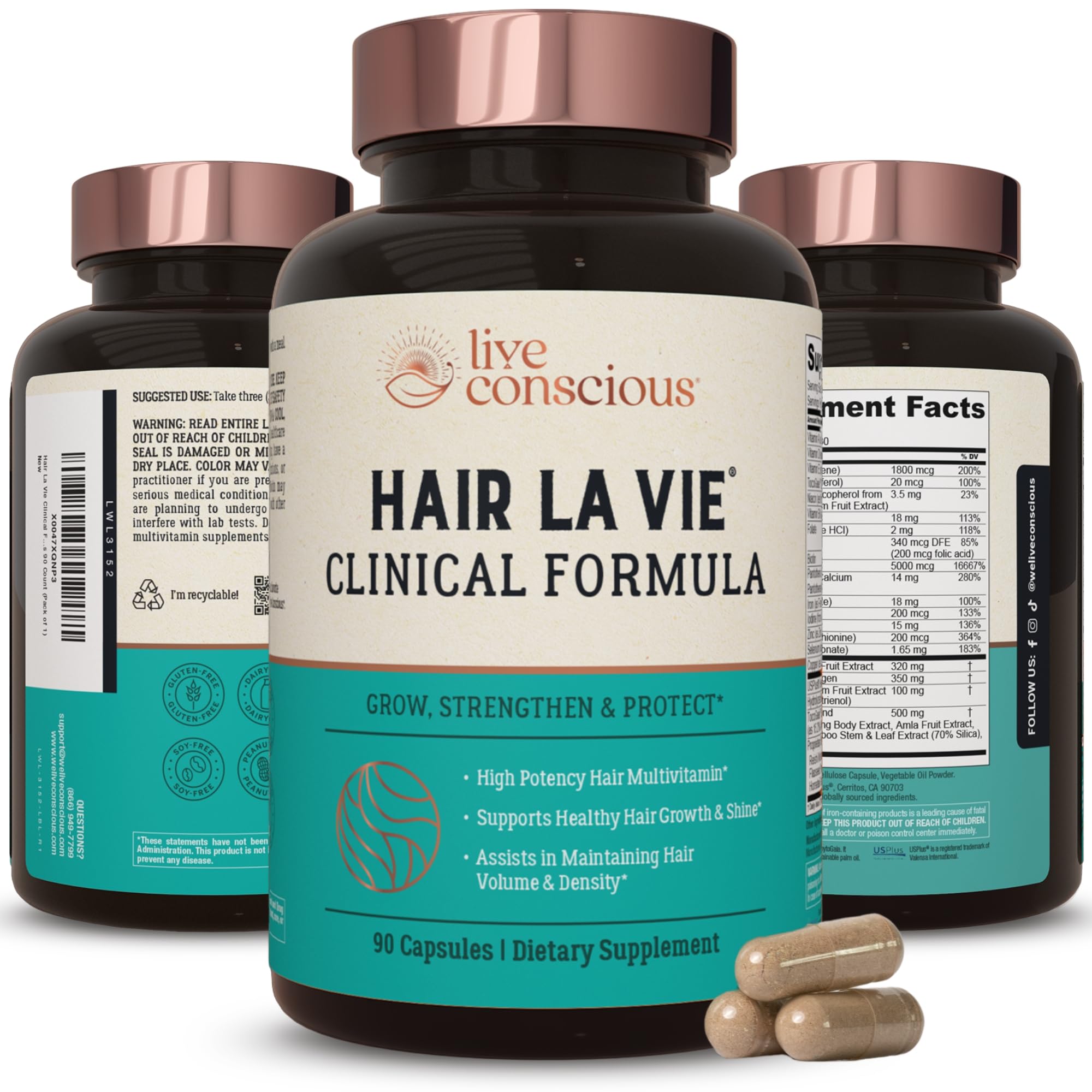 Hair La Vie Live Conscious Clinical Formula Hair Growth Vitamins for Women and Men w/Biotin 5000mcg, Collagen & Saw Palmetto (Pack of 1)