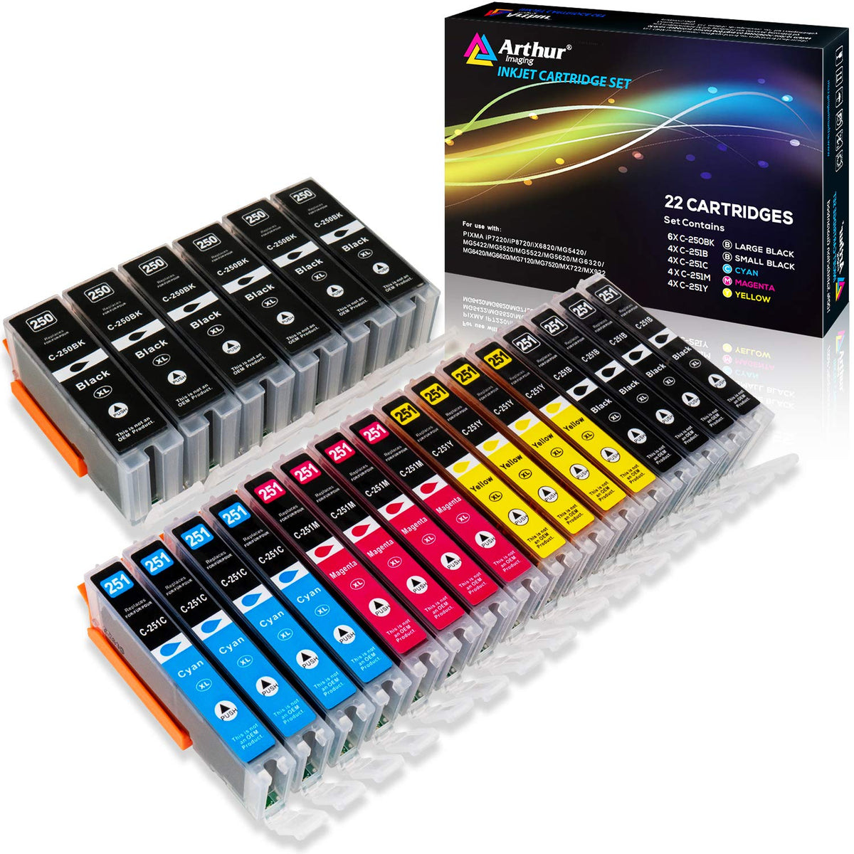 Arthur Imaging Kompatible Tintenpatronen als Ersatz für Canon Pgi-250Xl CLI-251XL zur Verwendung mit Pixma MX922 MG5520 (6 Groß Schwarz, 4 Klein Schwarz, 4 Cyan, 4 Gelb, 4 Magenta, 22er-Pack)