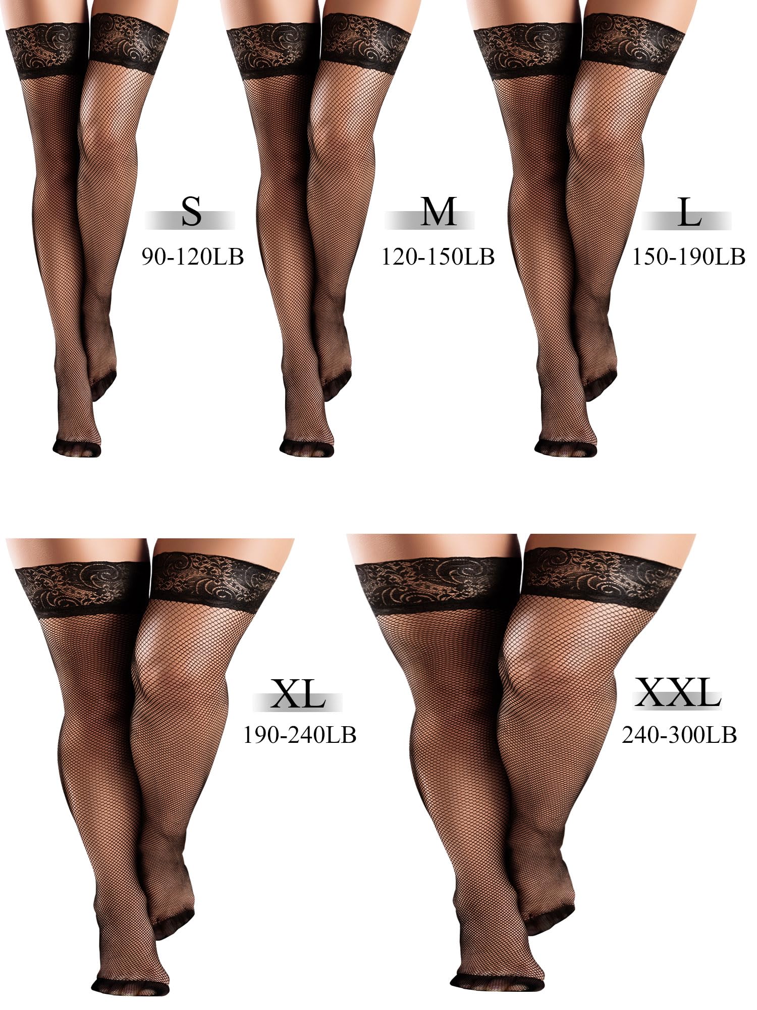 Bencailor 4 Pairs Fishnet Thigh High Stocking for Women Silicone Lace Top Sheer Over Knee Stockings(Black,Medium,Classic Style)