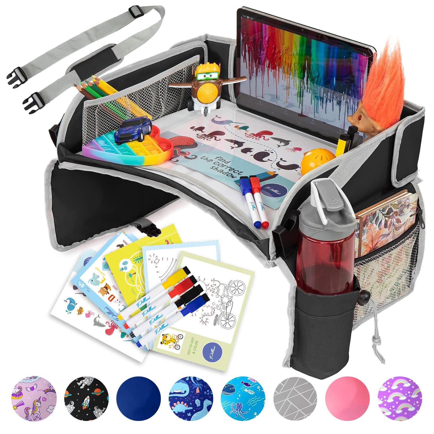 PILLANI Kids Travel Tray for Car - Car Seat Tray for Kids Travel, Road Trip Essentials - Carseat Table for Roadtrip Activities - Must Have Toddler Lap Desk Organizer for Airplane - Car Accessories