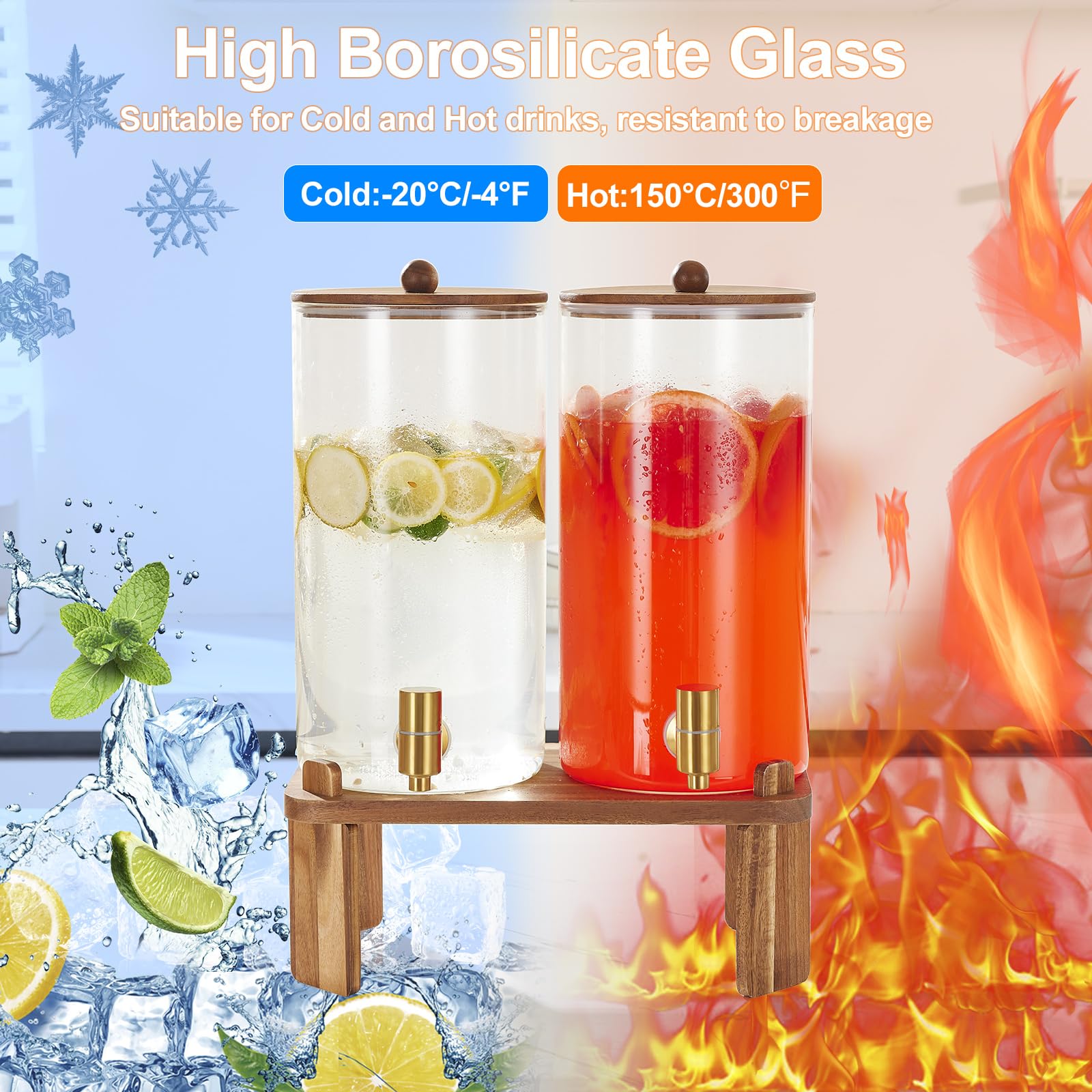 2 PCS 1.5 Gallon Drink dispenser, Glass Beverage Dispenser With Wood Stand, Large Water Drink Dispensers for Parties With Stainless Steel Spigot, Ideal for Lemonade,Juice, Tea, and Party Drinks
