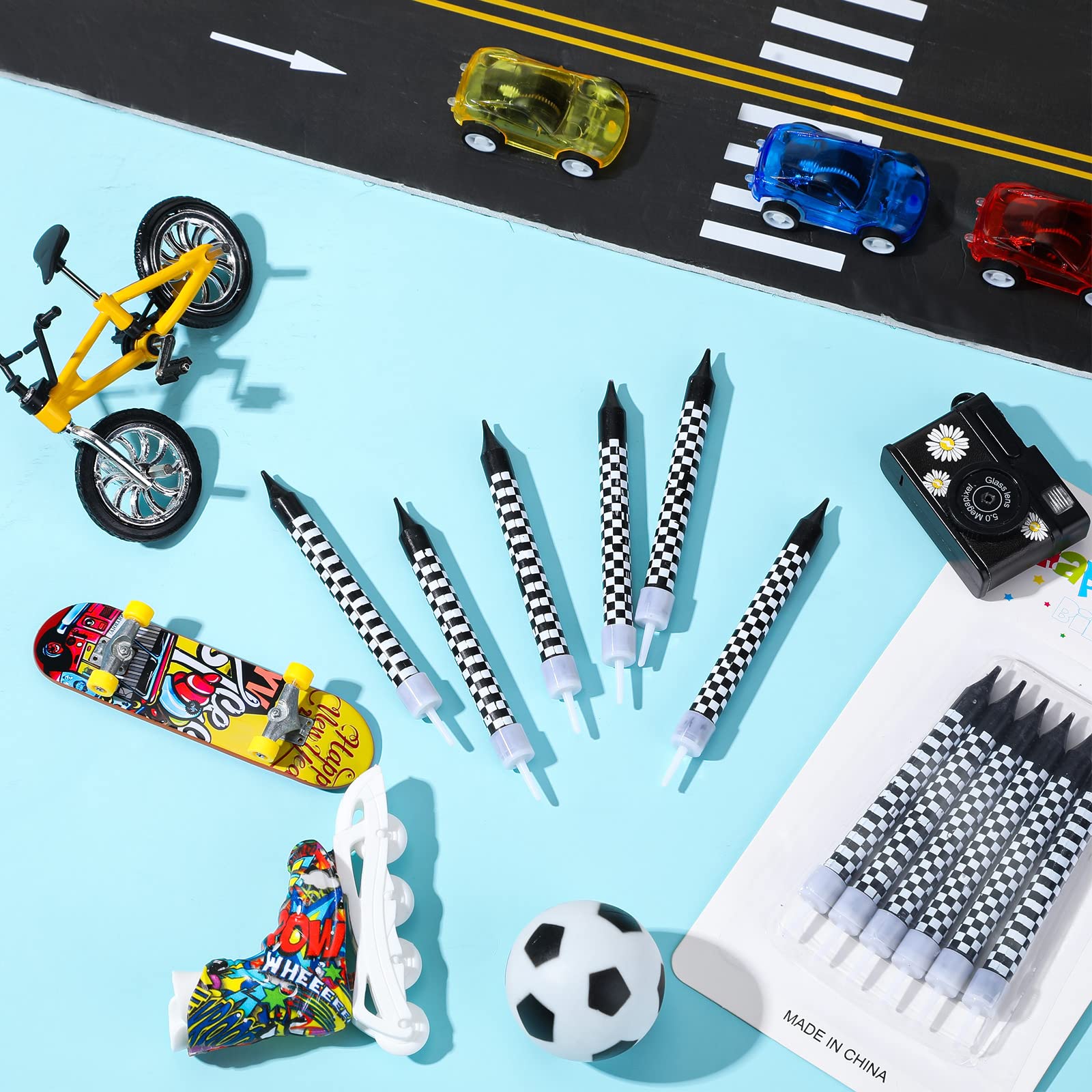 Cindeer 12 Pcs Racing Cars Themed Birthday Candles Black and White Checkered Flag Cupcake Topper for Racing Cars Party Decoration Baby Shower for Boys Children