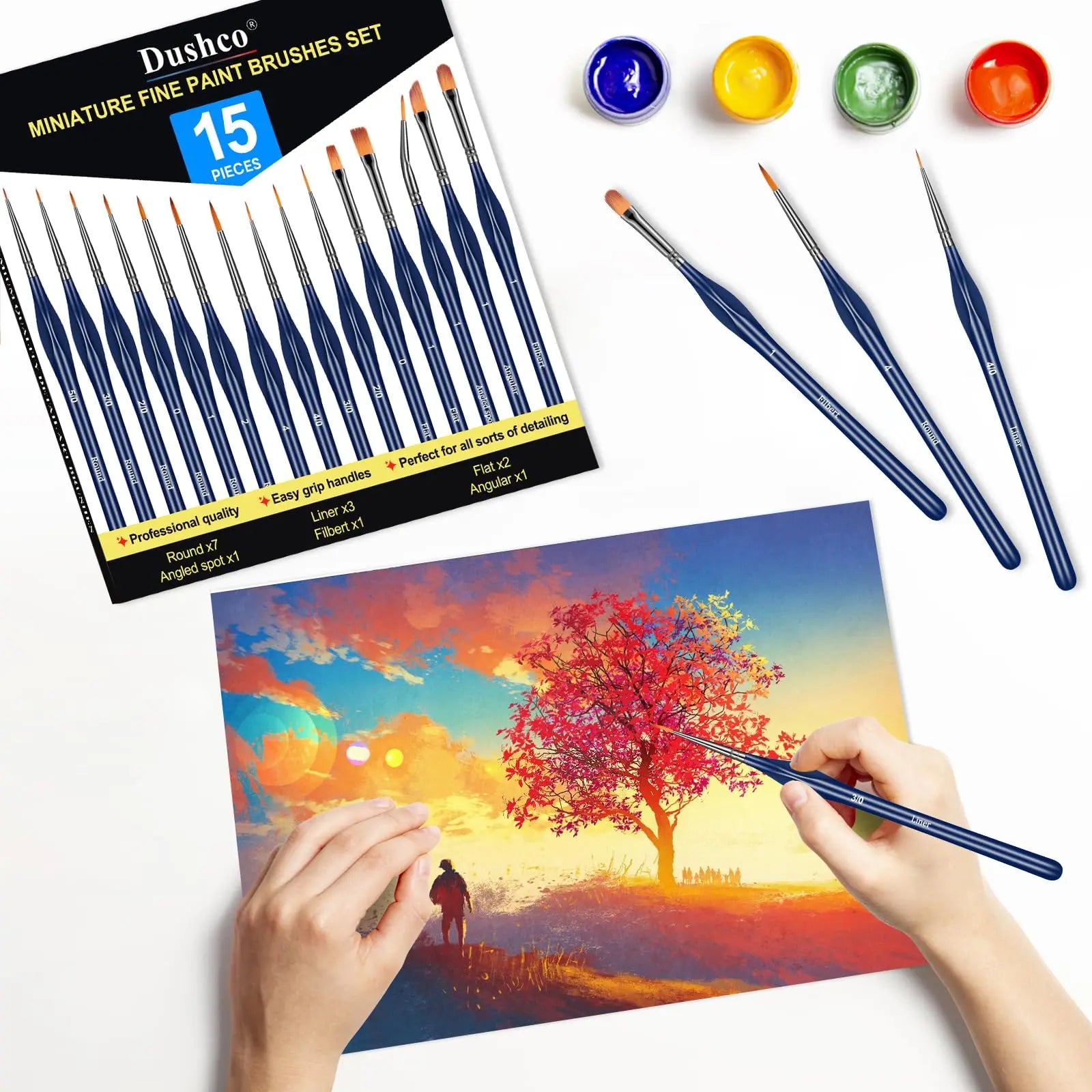 Dushco Detail Paint Brushes Set - 15pcs Miniature Paint Brushes, Art Painting for Acrylic Watercolor Gouache Oil & Face Painting, Models, Figurine and Paint by Number Kit for Adults