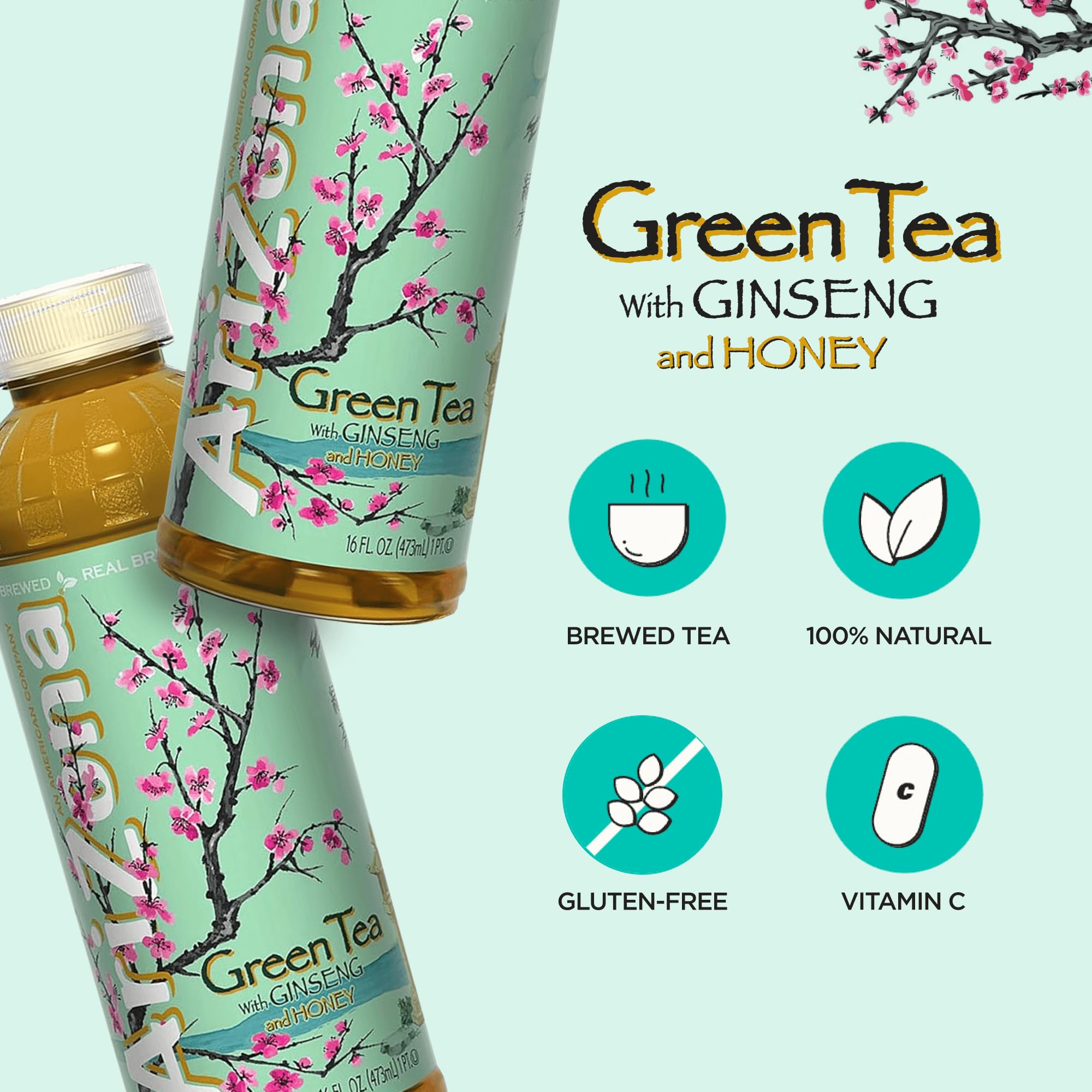 Arizona Green Tea with Ginseng and Honey - 16 Fl Oz (Pack of 12)