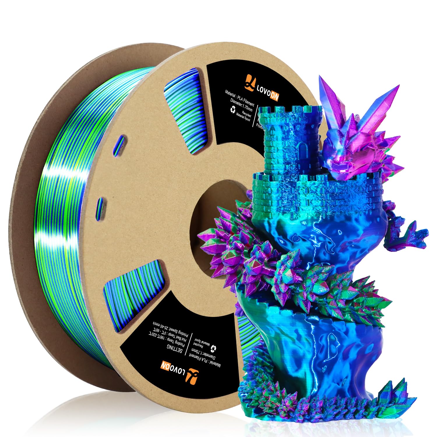 LOVOON 3D Printer Filament, Tricolor PLA Filament 1.75mm Silk Rainbow Filament Green-Red-Blue, 3D Printing Accessories PLA Filament Multicolor, Dimensional Accuracy +/-0.02mm, 2.2lbs/Spool