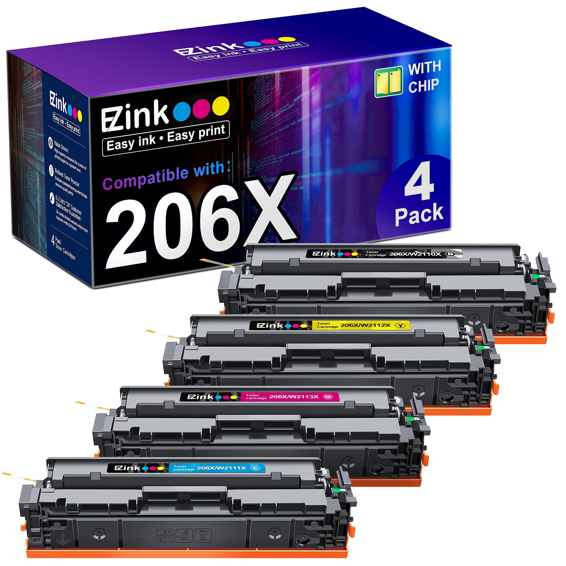 E-Z Ink Compatible Replacement for Toner Cartridge for HP 206X 206A Toner Cartridges 4 Pack High Yield to Use with HP Color Laserjet Pro MFP-M283fdw M283cdw Pro M255dw M283 M255 (BCMY 4 Pack)