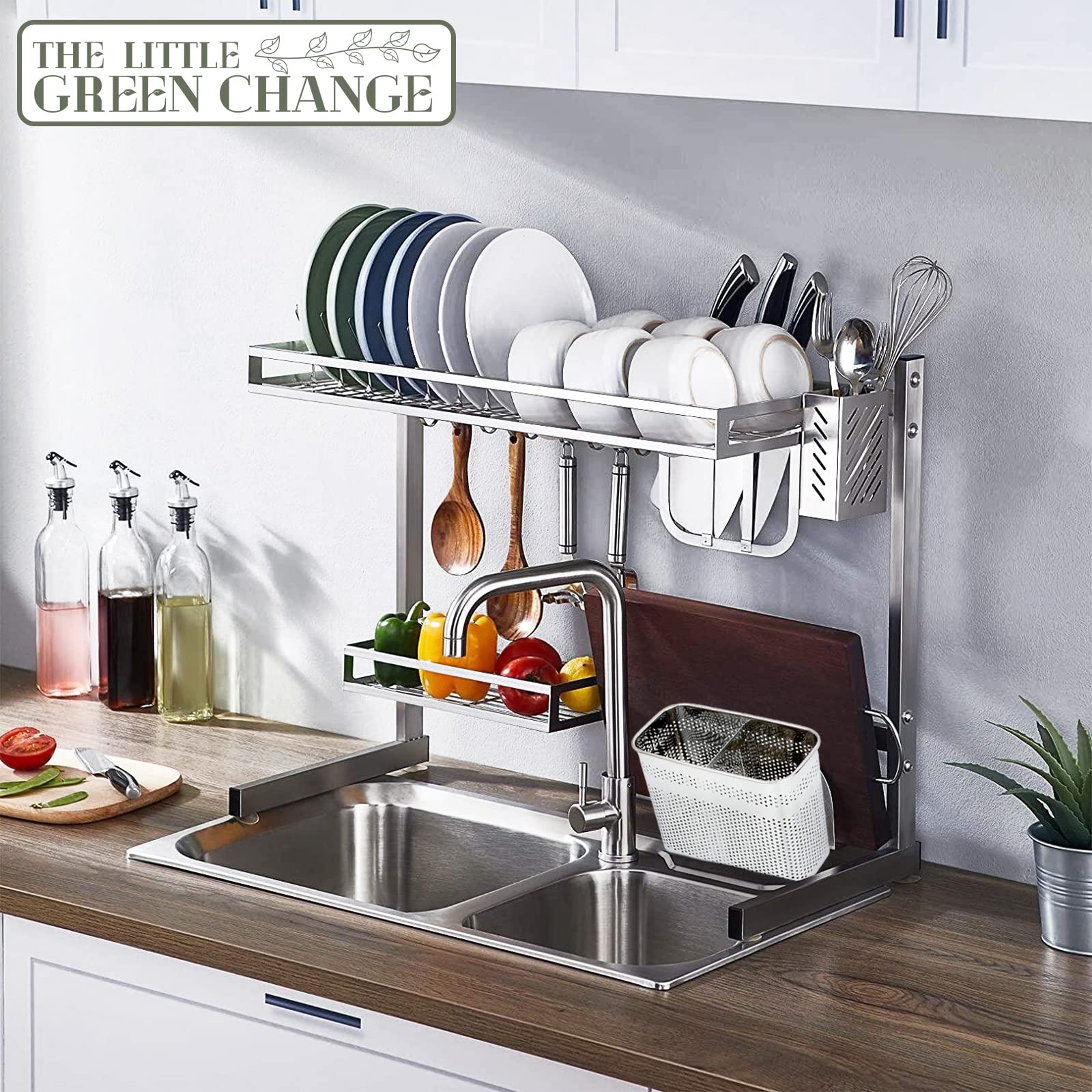 Kitchen Utensils Chopsticks Holder Drying Rack Basket with Hooks 2 Divided Compartments Quality Stainless Steel Large L5.4 X H4.3 X W2.6