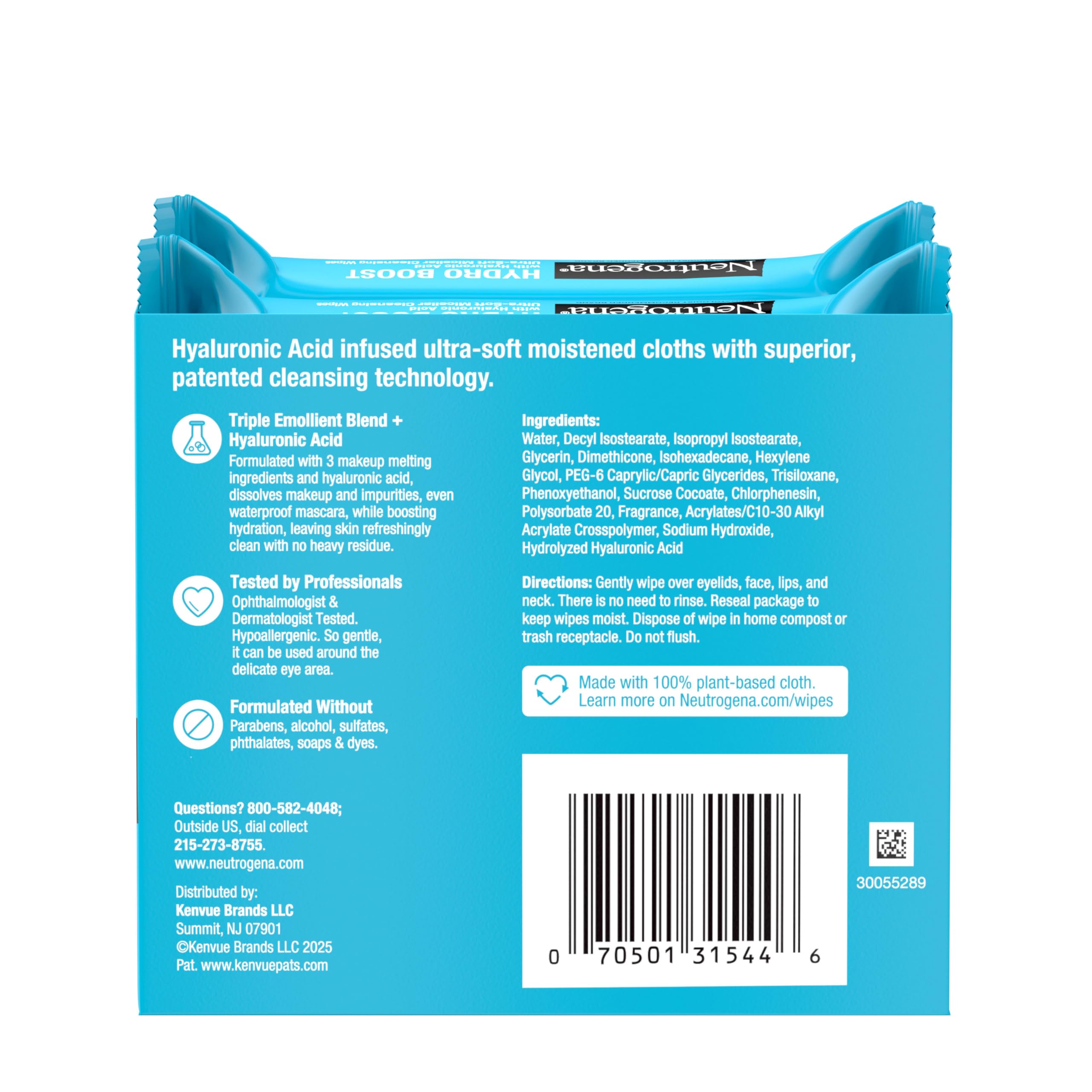 Neutrogena Hydro Boost Ultra-Soft Micellar Cleansing Wipes with Hyaluronic Acid, Hydrating Makeup Remover Wipes Remove Dirt & Waterproof Makeup, Hypoallergenic, Plant-Based Cloth, 2 x 25 ct