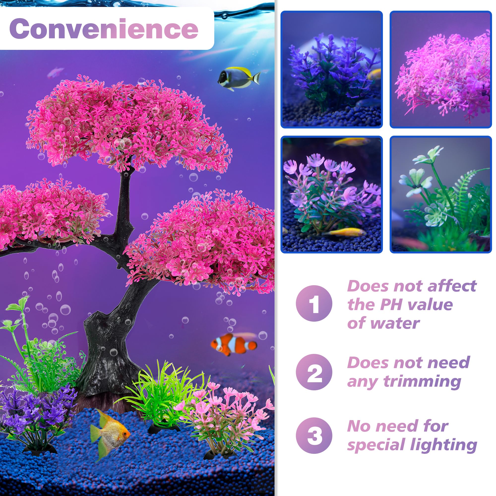 Ameliade Aquarium Artificial Plastic Plants Decoration, Pink Cherry Blossom Tree Aquarium Decor Set, Goldfish Betta Fish Tank Decorations Hides Accessories（Pink