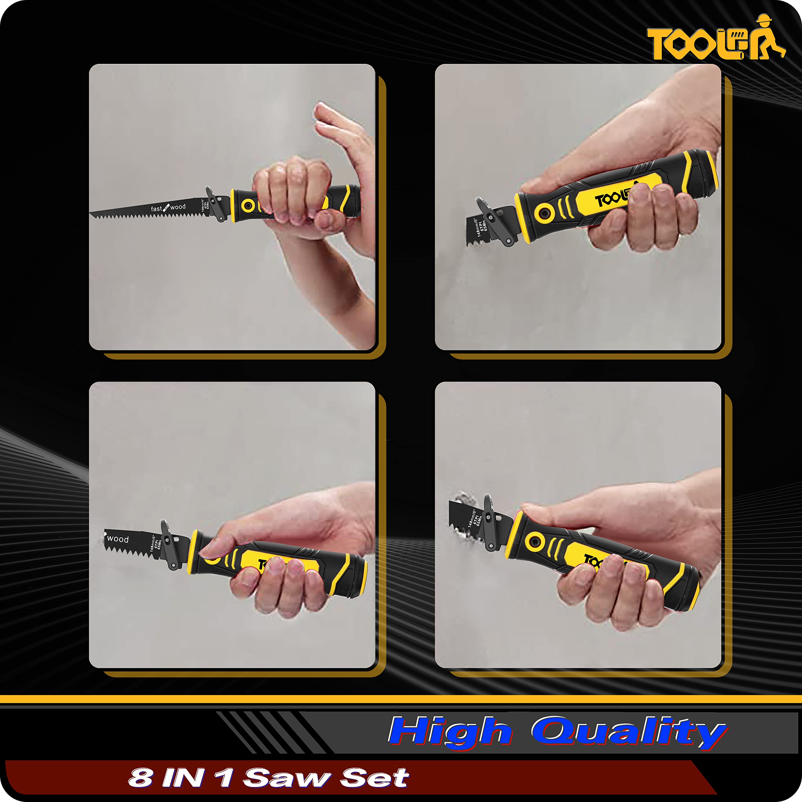TOOLAN: 8-In-1 Multi Blades Hand Saw, Drywall Cutter. Hacksaw. Long Blade Hand Saw, Jab Saw, For Cutting Drywall, Sheetrock, Wood, Metel, Plastic, Plywood. Blade Quick Change Mechanism.