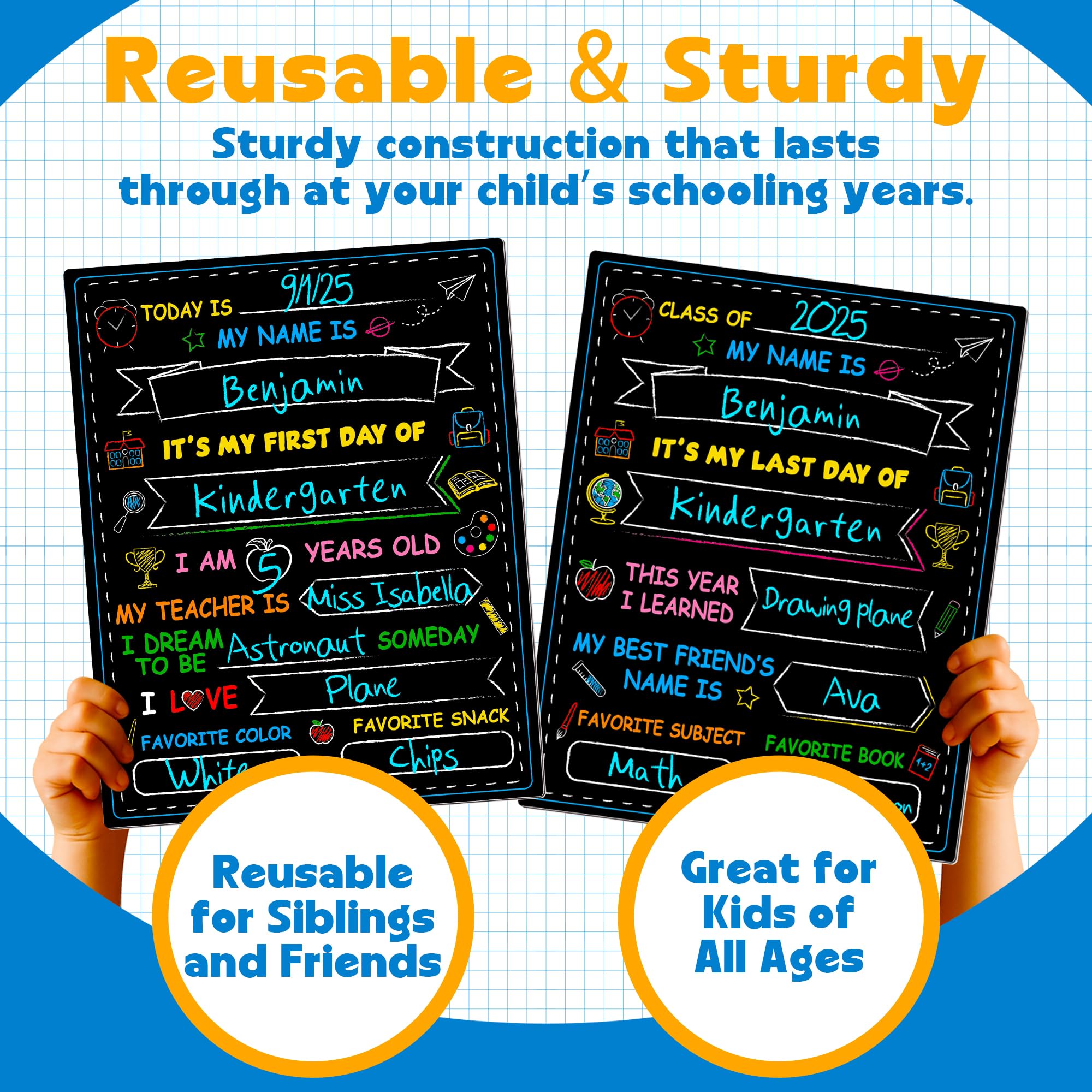 Melisheer First & Last Day of School Chalkboard, Personalized Paper Back to School Supplies, 14 X 11 in Erasable Double Sized First Day of School Board for Kids Son Daughter