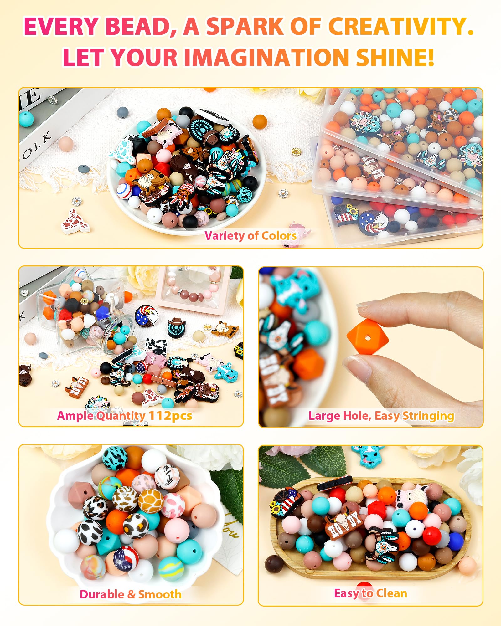 112PCS FIVEIZERO 12mm 15mm Cow Focal Silicone Beads for Keychain Making, Round, Lentil, Hexagonal, Print, 10mm Rhinestone Rondelle Spacers Beads for Bracelet, Pens, Necklace Crafts(Pink Brown)