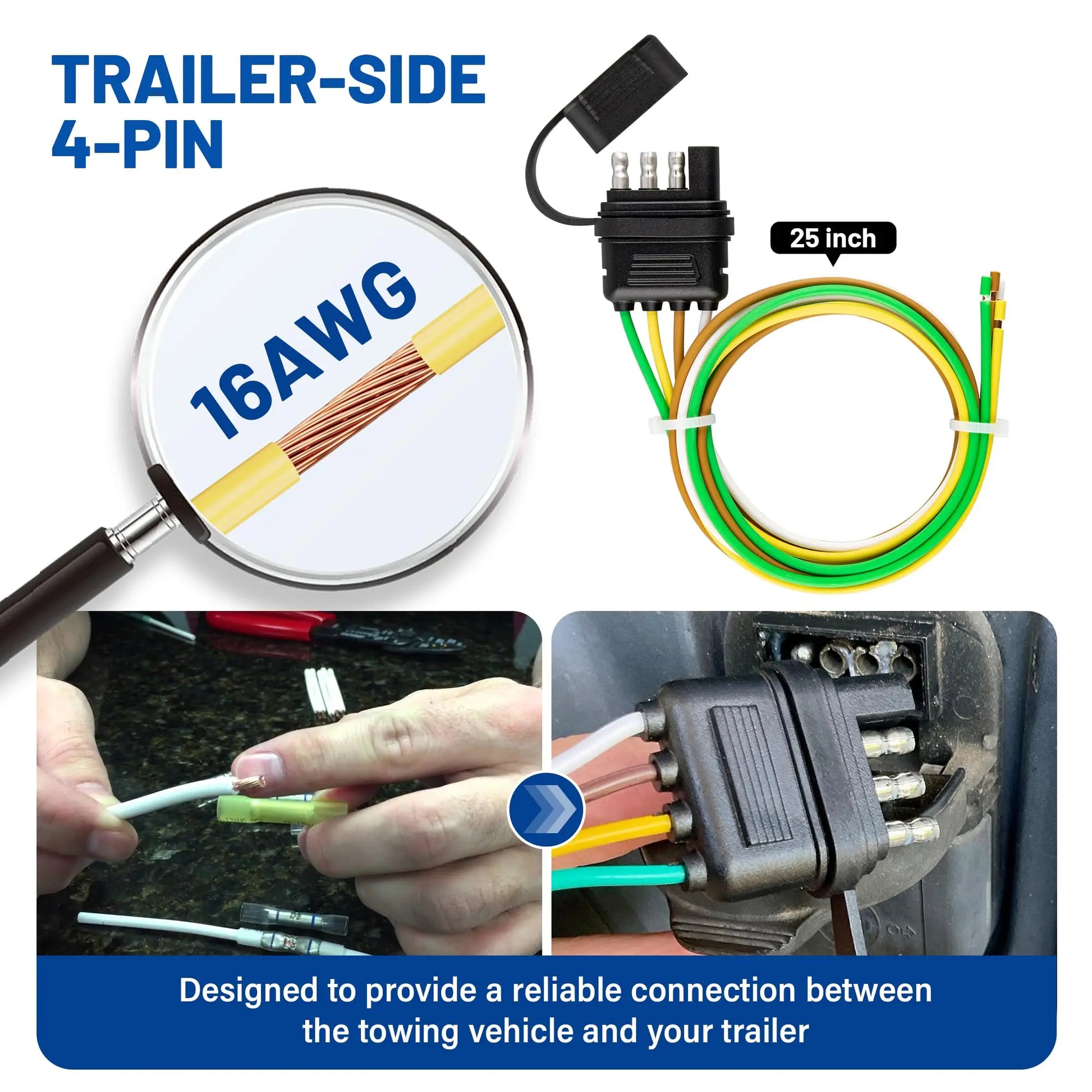 MECMO 4-Way Flat Trailer End Connector 25 Inch, 16AWG 4 Prong Trailer Wiring Harness Plug with Dust Cover, Trailer-Side 4-Pin Trailer Light Plug Male End Replacement Connector for Trailer Hitch Wire