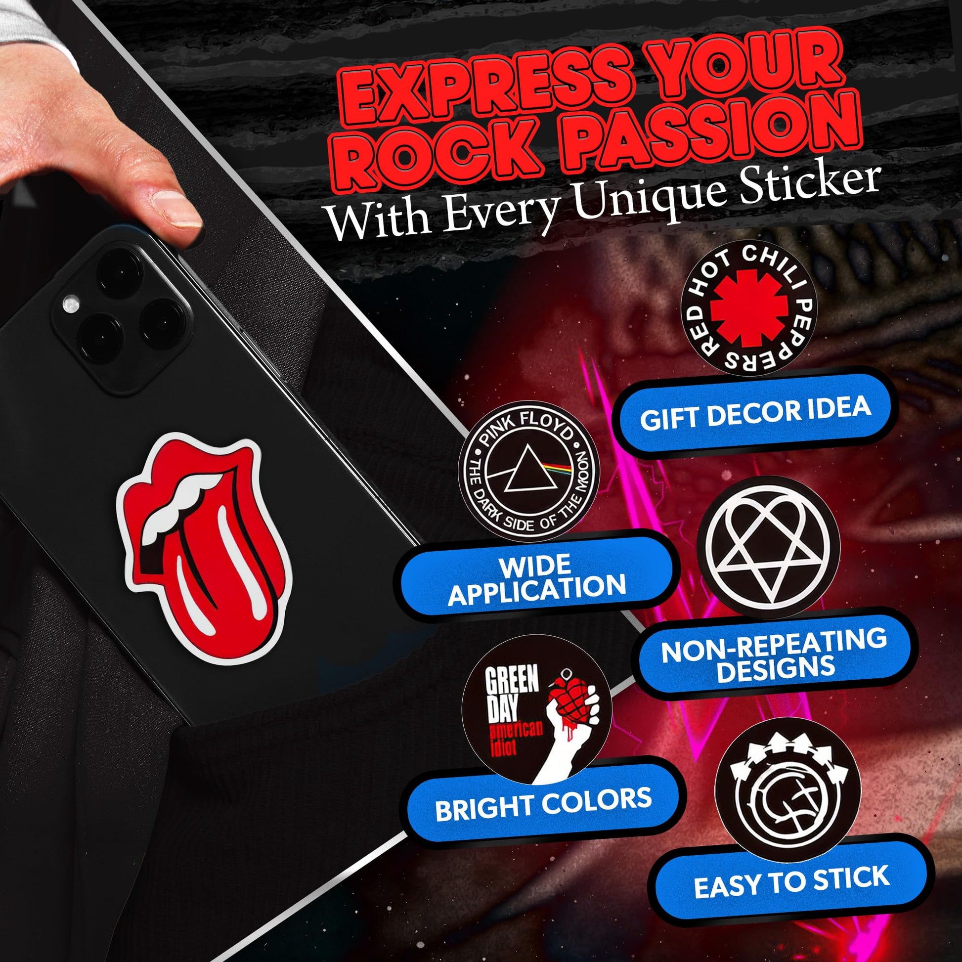 100 Pcs Rock Band Music Stickers – Durable and Waterproof Vinyl Stickers Featuring Iconic Bands | Punk, Metal, Rock Decals | Scratch-Resistant, Vibrant Colors for Laptops, Guitars, Water Bottles