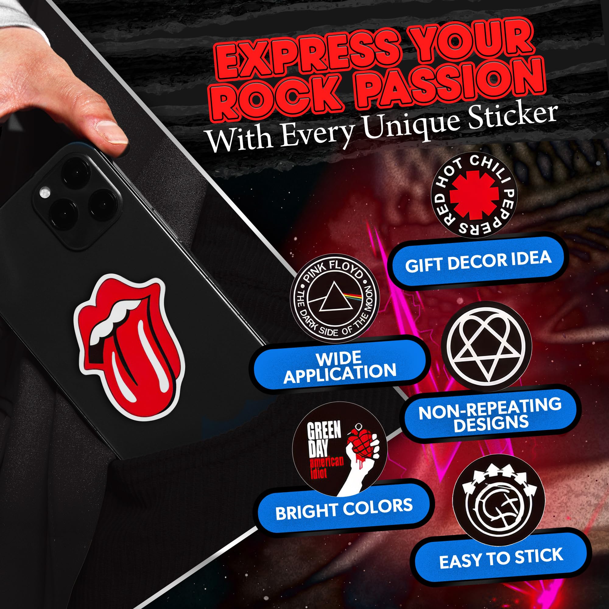 100 Pcs Rock Band Music Stickers – Durable and Waterproof Vinyl Stickers Featuring Iconic Bands | Punk, Metal, Rock Decals | Scratch-Resistant, Vibrant Colors for Laptops, Guitars, Water Bottles