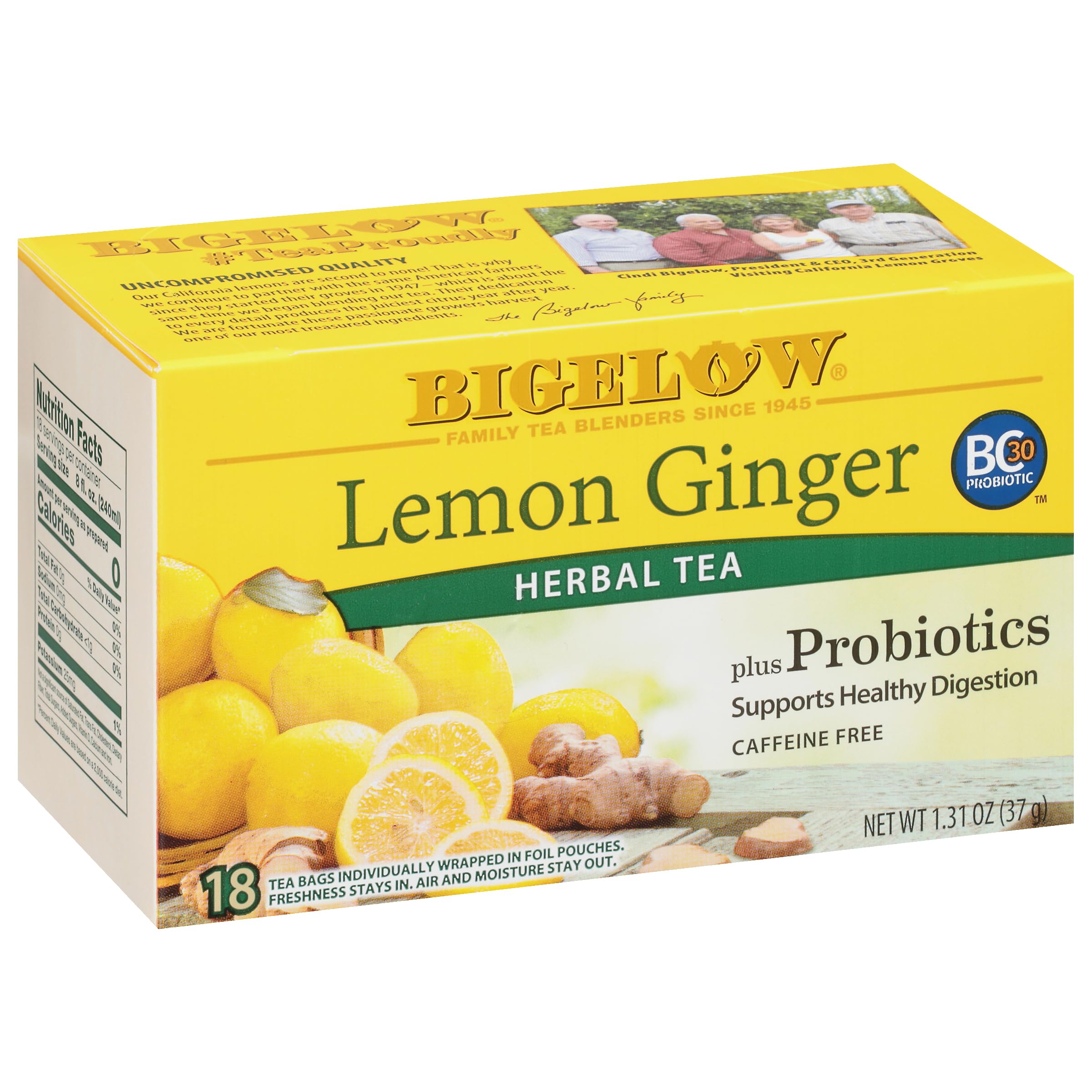 Bigelow Tea Lemon Ginger plus Probiotics Herbal Tea, Caffeine Free Tea with Lemon and Ginger, 18 Count Box (Pack of 6), 108 Total Tea Bags