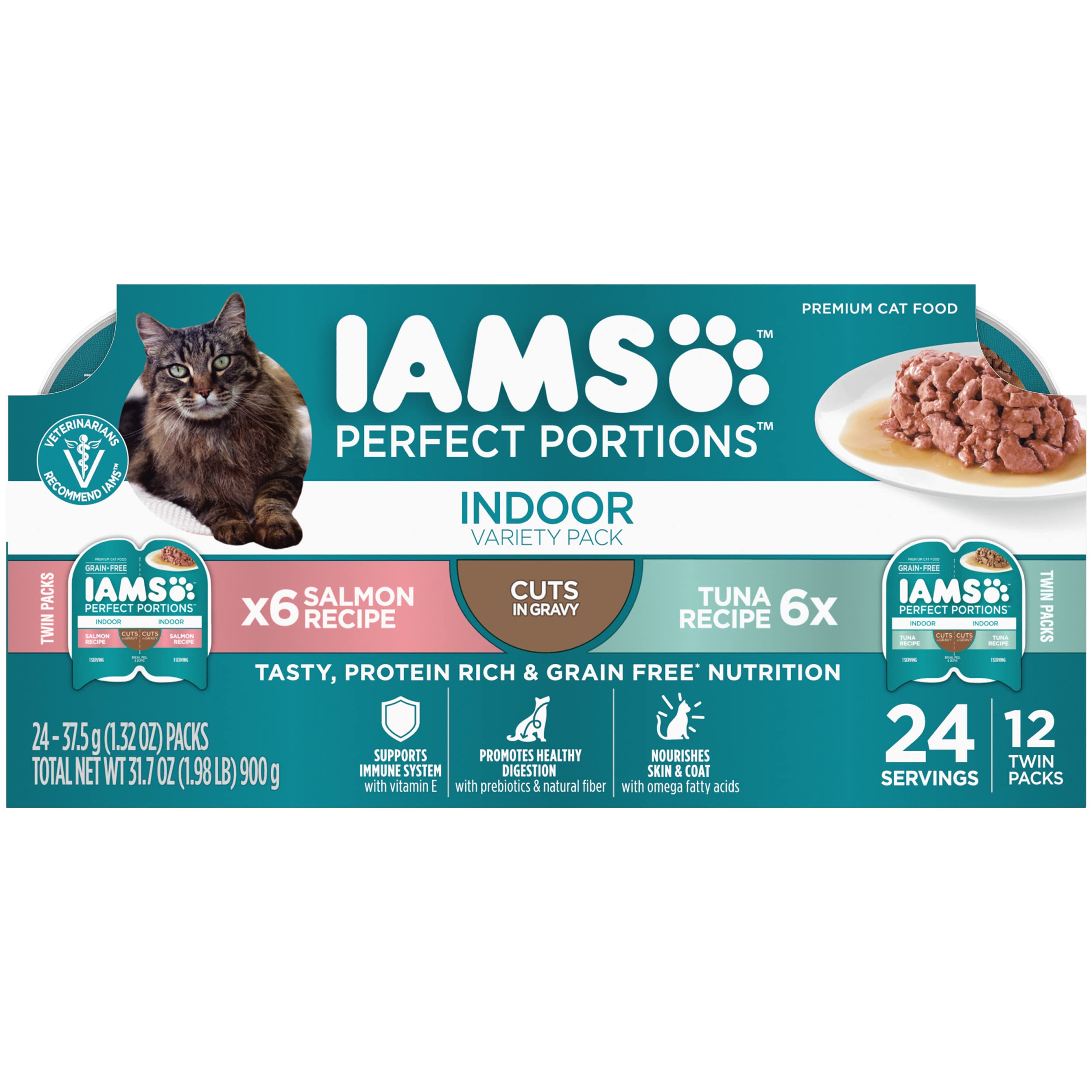 IAMS Perfect Portions Indoor Adult Nassfutter für Katzen, Stücke in Soße, Vielfaltspackung, Lachs- und Thunfischrezepturen, 73,7 g Easy Peel Doppelschalen (12 Stück, 24 Portionen)