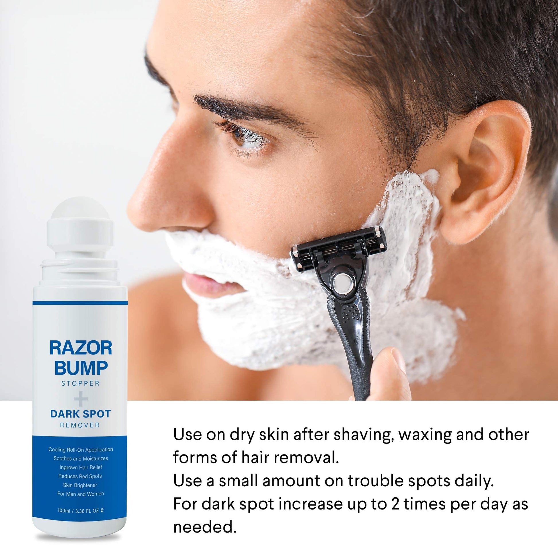 Razor Bump Stopper with Ingrown Hair Treatment: Razor Bumps Treatment for Men and Women, After Shave Solution for Ingrown Hairs and Razor Burns, Roll on Applicator- 3.38 Fl Oz