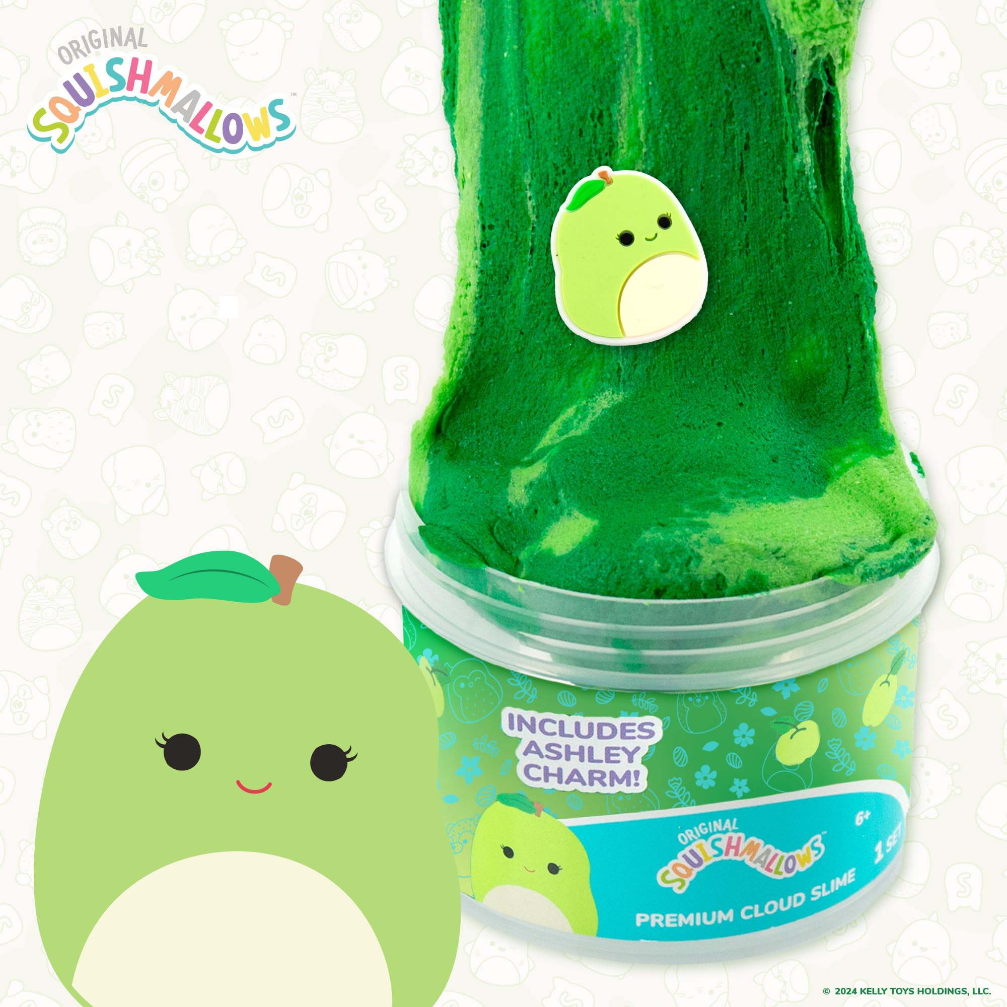 Original Squishmallows Ashley The Apple Premium Cloud Slime, 8 oz. Fluffy Slime, Green Apple Scented, 3 Fun Slime Add Ins, Pre-Made Slime for Kids, Great 6 Year Old Toys, Super Soft Sludge Toy