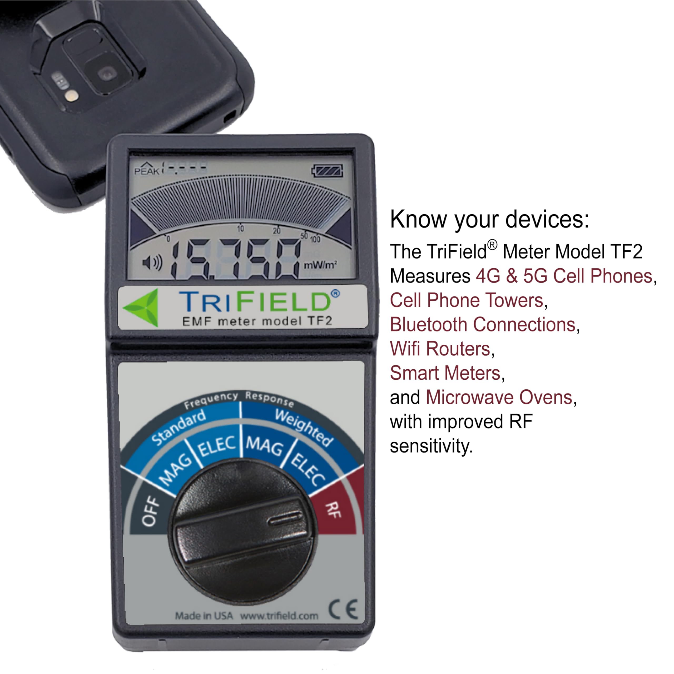 TriField EMF Meter Model TF2 – Made in USA - #1 Handheld EMF Detector for 3 Types of Electromagnetic Fields: Radio/Magnetic/Electric - Measure 5G, Cell Towers, WiFi, Bluetooth, & Smart Meters